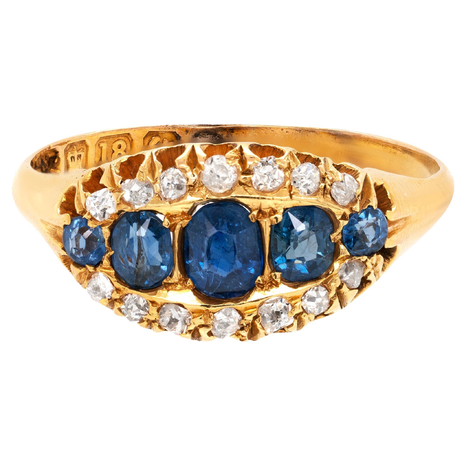 Antique Blue Sapphire and Old Cut Diamond 18 Carat Yellow Gold Ring, Circa 1890s For Sale