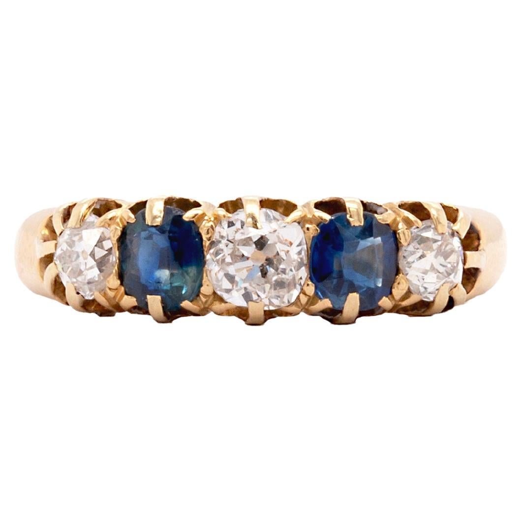 Antique Blue Sapphire and Old Cut Diamond 18ct Yellow Gold Five-Stone Ring For Sale