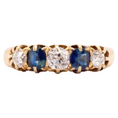 Antique Blue Sapphire and Old Cut Diamond 18ct Yellow Gold Five-Stone Ring