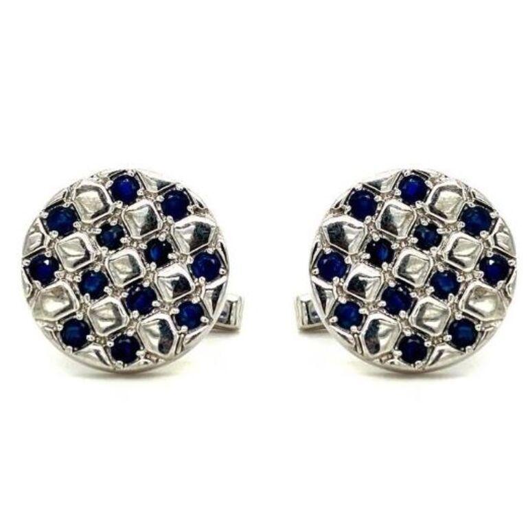Art Deco Antique Round Blue Sapphire Check Cufflinks Made in 925 Sterling Silver  For Sale