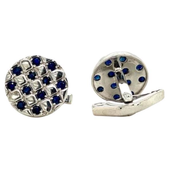 Antique Round Blue Sapphire Check Cufflinks Made in 925 Sterling Silver  For Sale