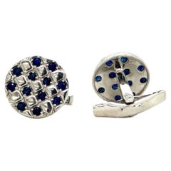 Antique Blue Sapphire Round Checker Cufflinks Made in 925 Sterling Silver 