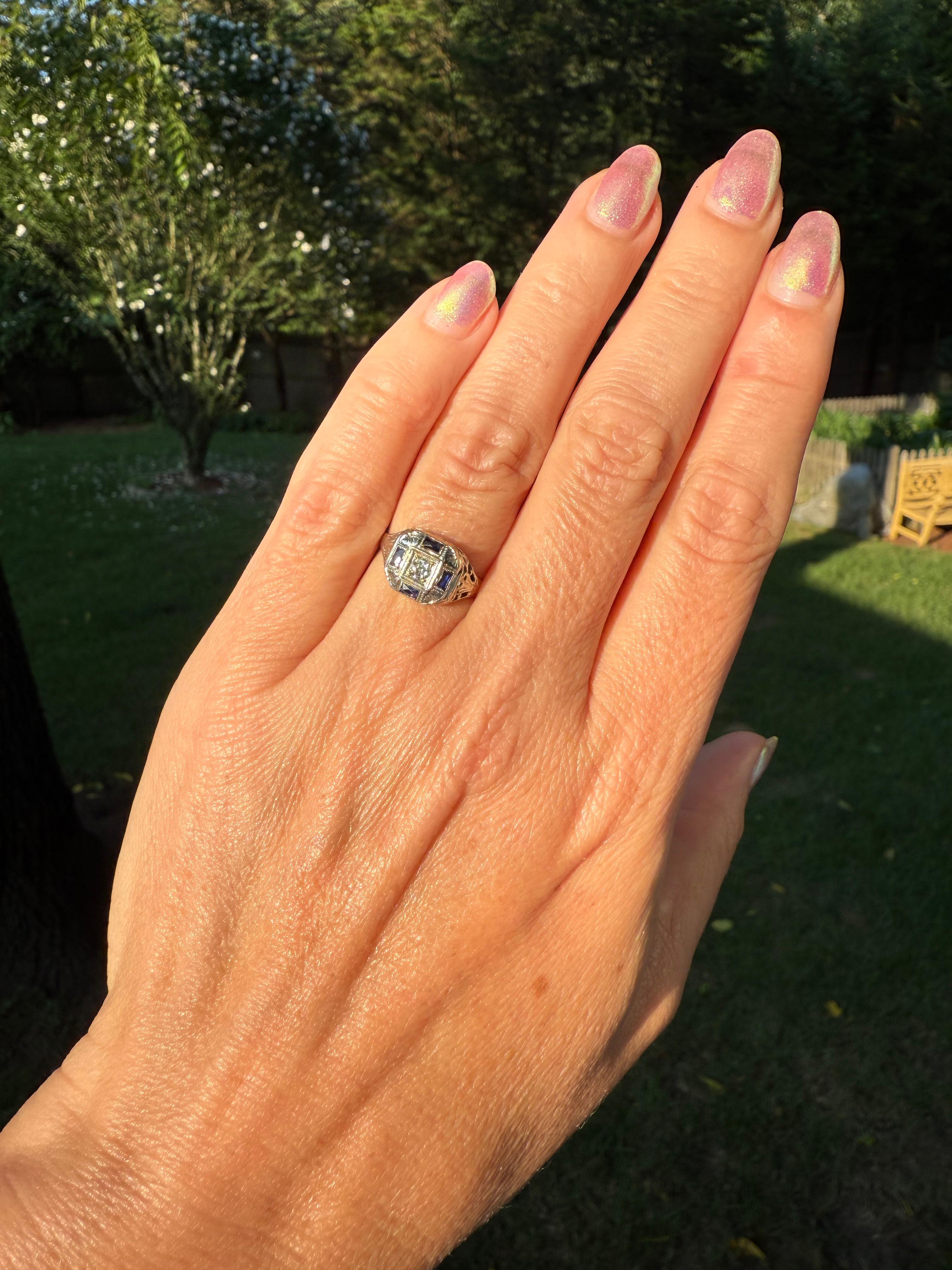 Antique Blue Sapphire Diamond White Gold Art Deco, Stange Co., circa 1920s, Ring For Sale 4