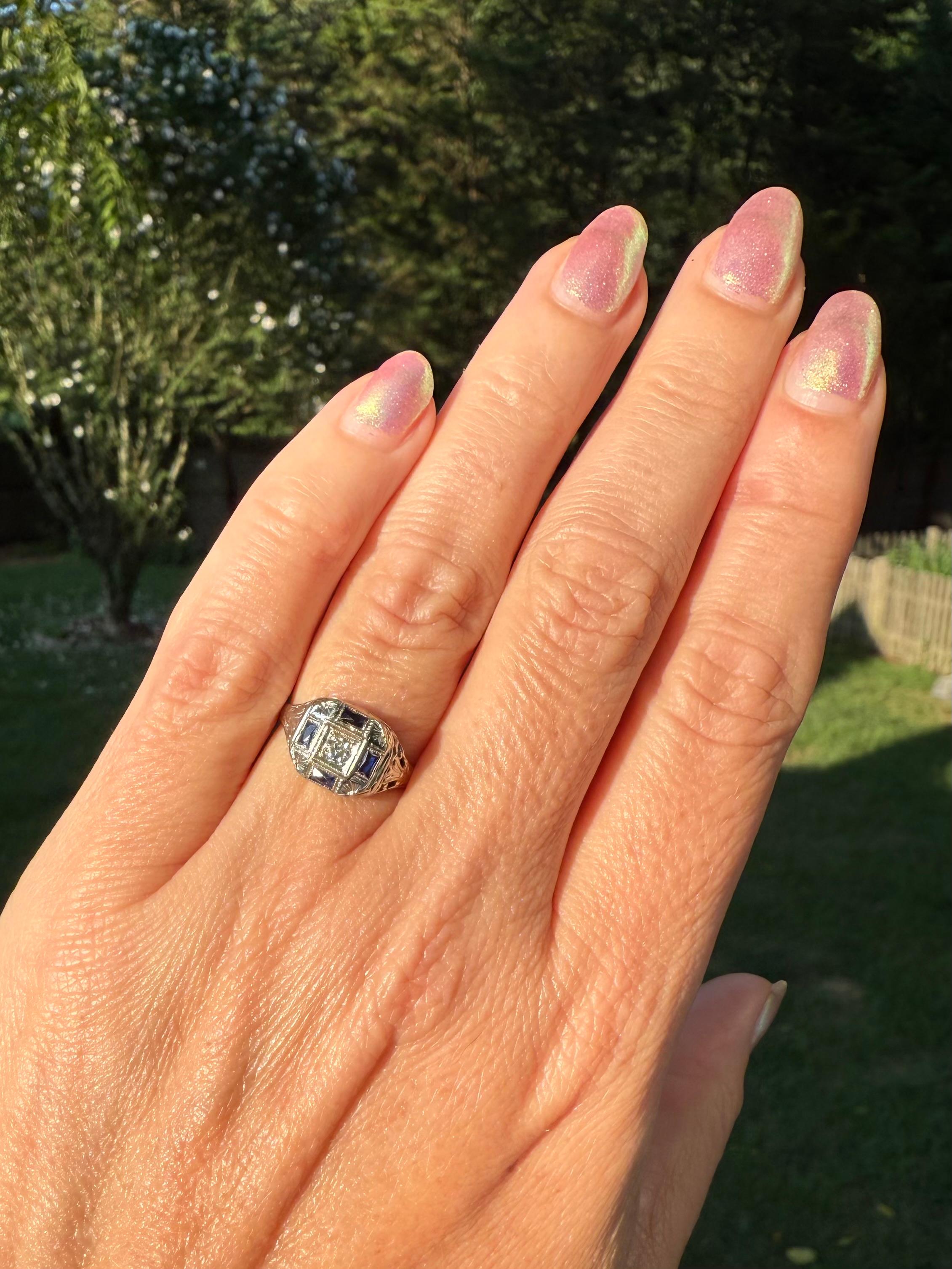 Antique Blue Sapphire Diamond White Gold Art Deco, Stange Co., circa 1920s, Ring For Sale 5