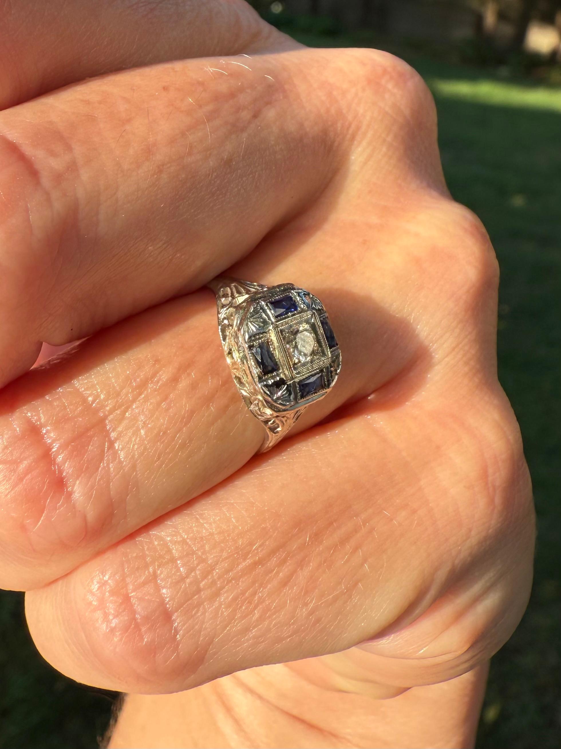 Antique Blue Sapphire Diamond White Gold Art Deco, Stange Co., circa 1920s, Ring For Sale 6