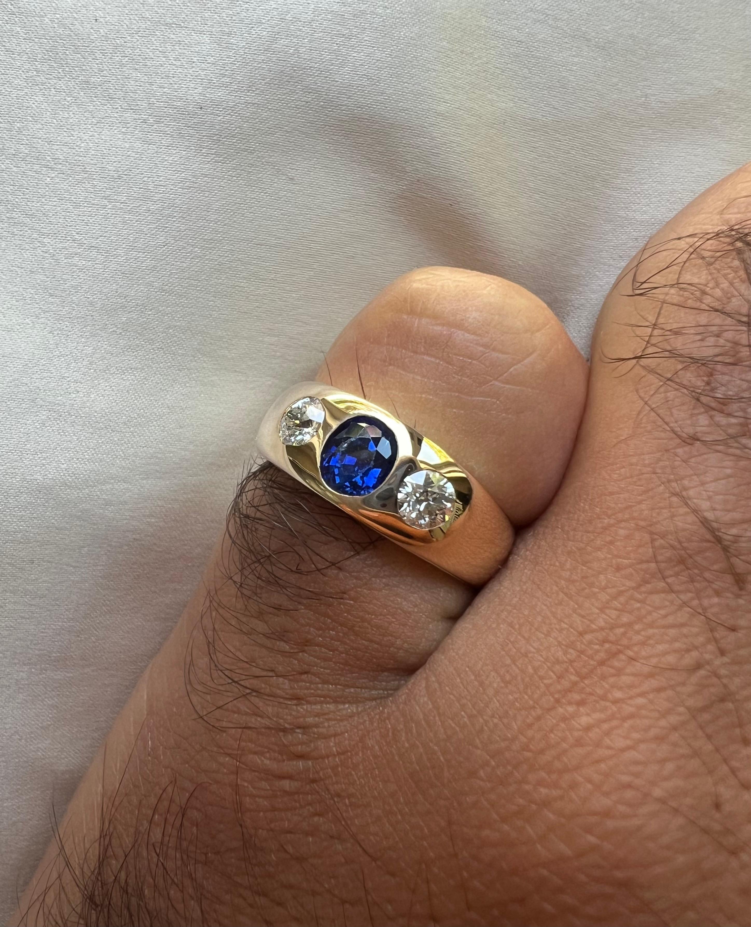 Edwardian Antique Blue Sapphire, Old European Cut Diamond & 14k Gold Gypsy Ring