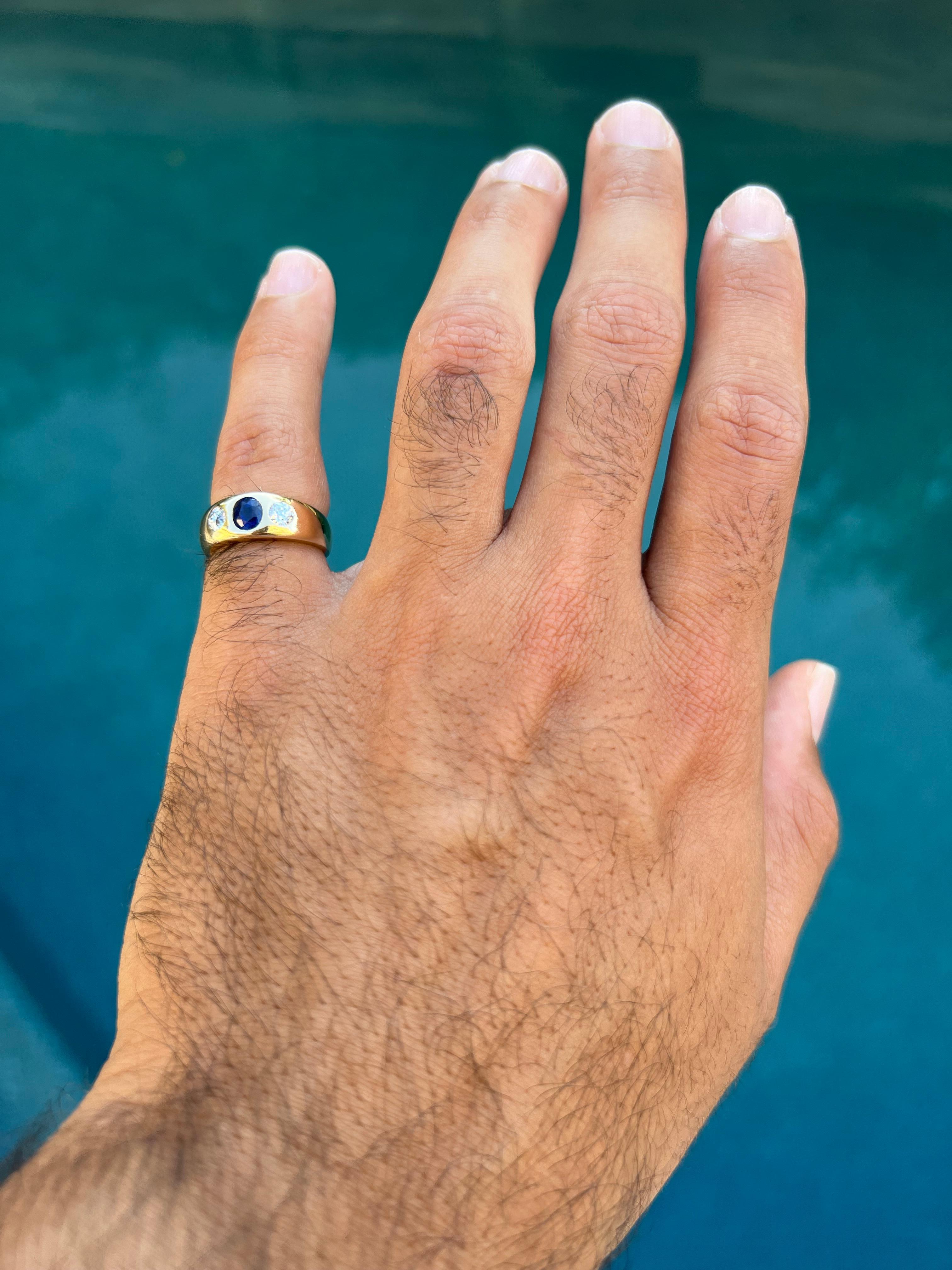 Antique Blue Sapphire, Old European Cut Diamond & 14k Gold Gypsy Ring 2