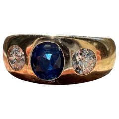 Antique Blue Sapphire, Old European Cut Diamond & 14k Gold Gypsy Ring