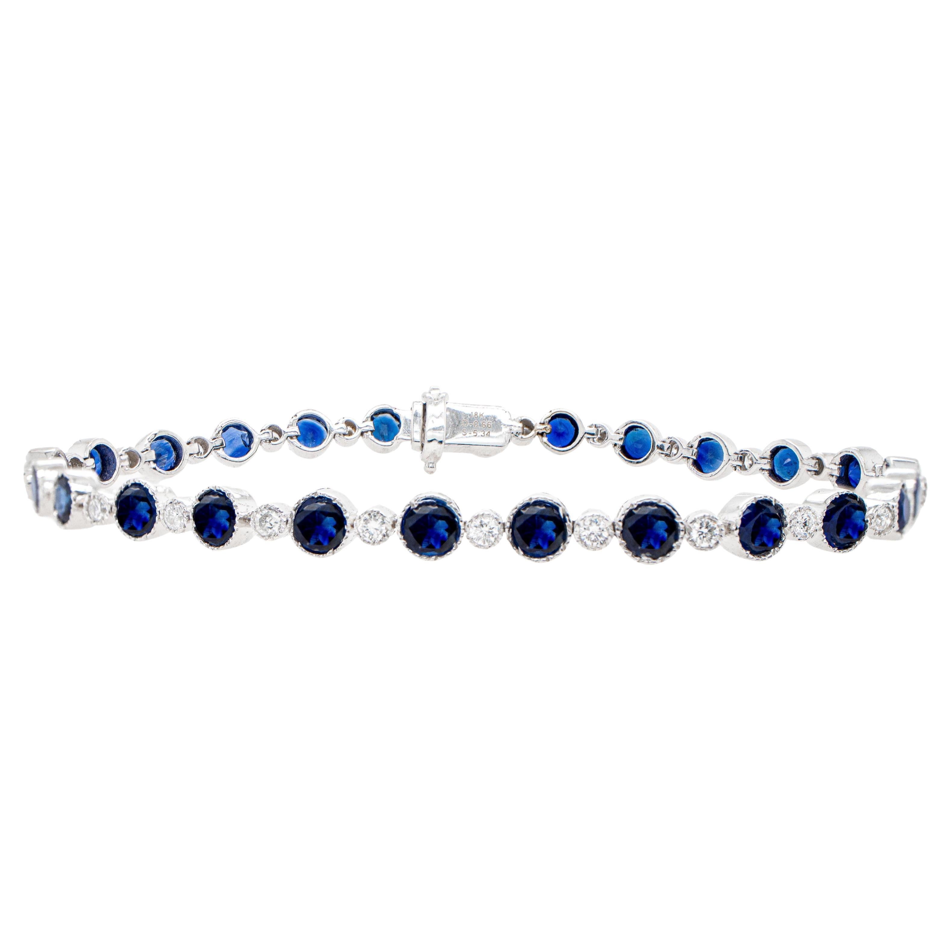 Contemporary Antique Blue Sapphires and Diamonds Tennis Bracelet 6 Carats 18K White Gold For Sale
