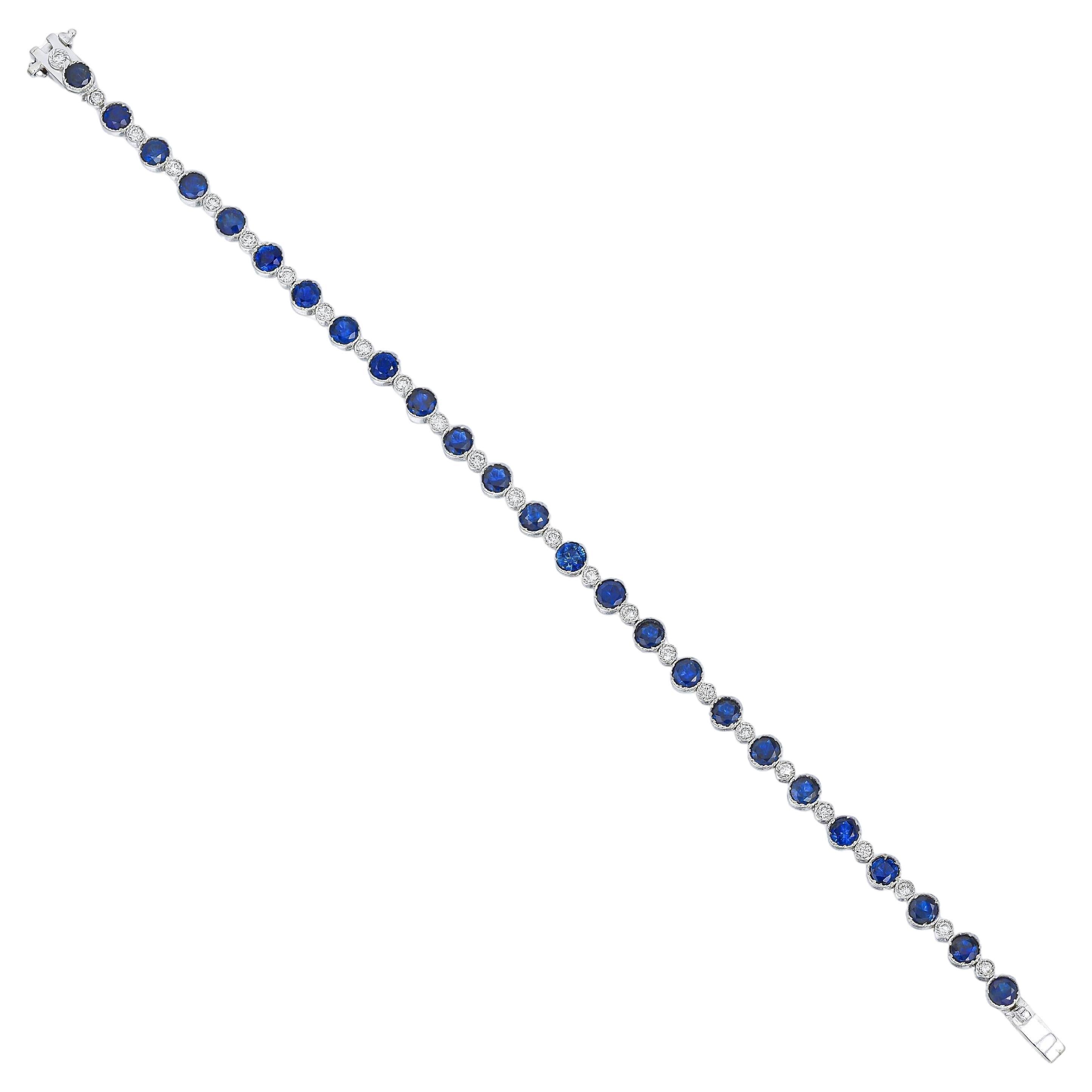 Antikes Tennisarmband mit blauen Saphiren und Diamanten, 6 Karat 18 Karat Weißgold für Damen oder Herren im Angebot