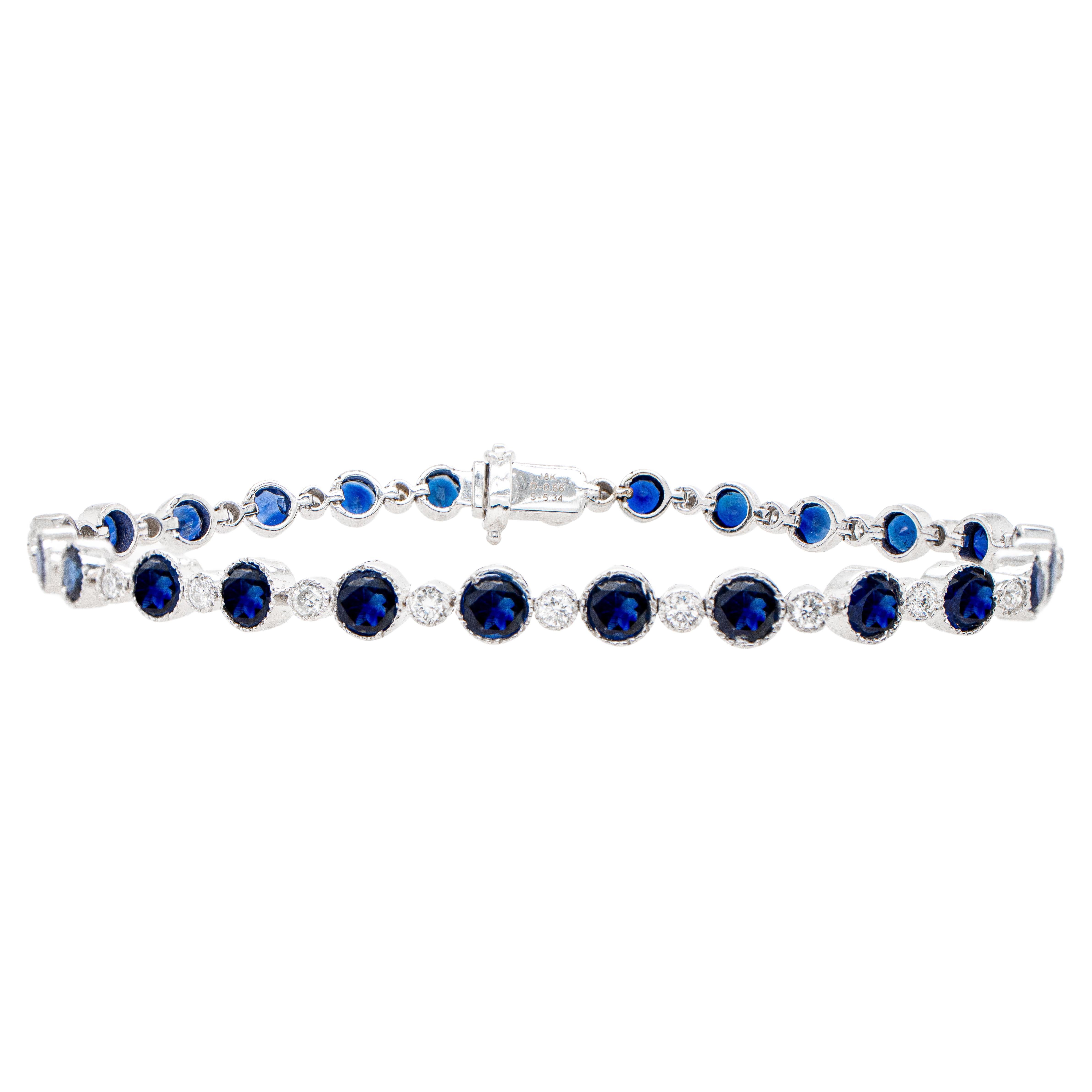 Antique Blue Sapphires and Diamonds Tennis Bracelet 6 Carats 18K White Gold For Sale