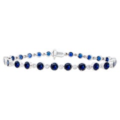 Antique Blue Sapphires and Diamonds Tennis Bracelet 6 Carats 18K White Gold