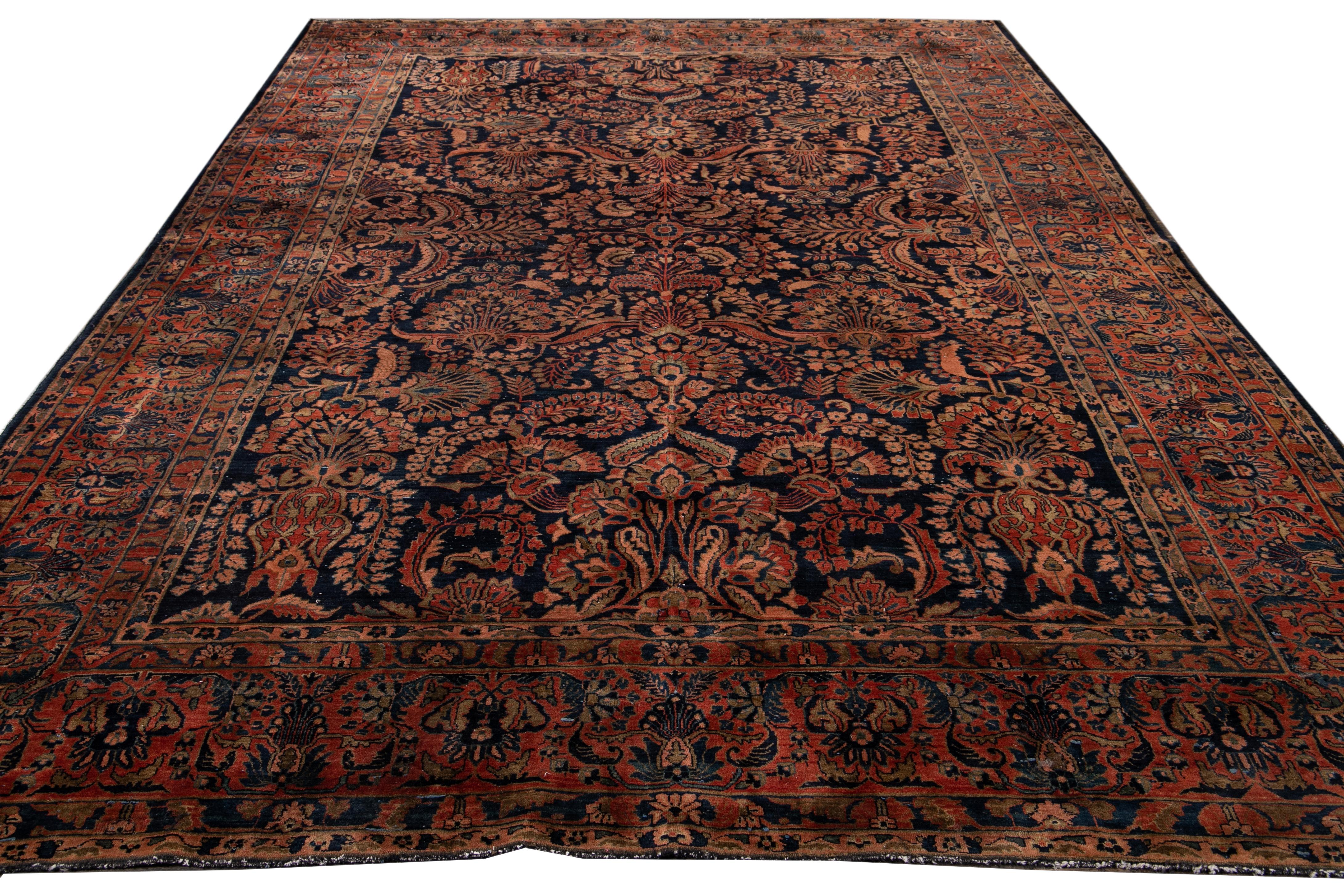 Antique Blue Sarouk Farahan Persian Handmade Wool Rug For Sale 5