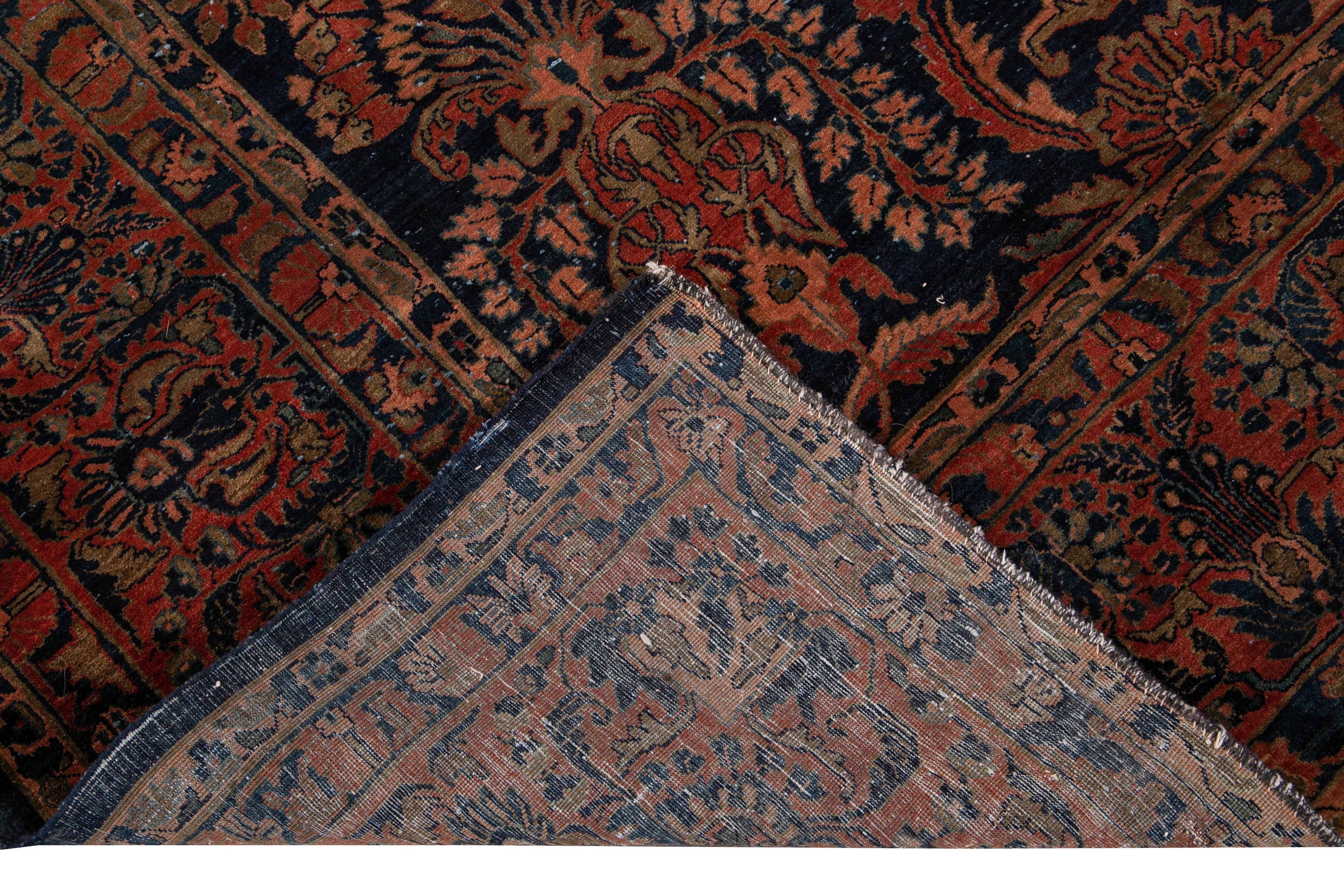 Antique Blue Sarouk Farahan Persian Handmade Wool Rug For Sale 7