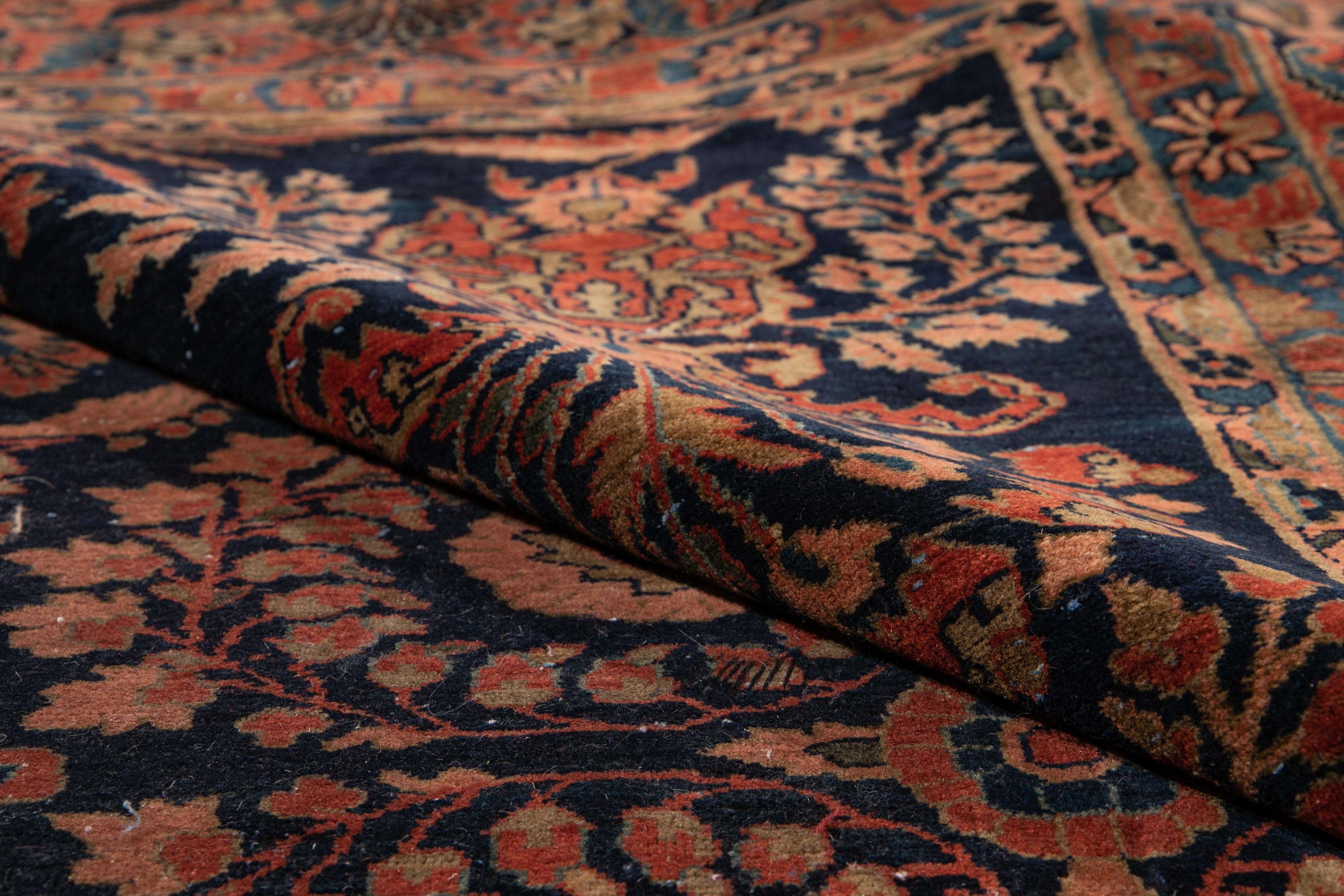 Antique Blue Sarouk Farahan Persian Handmade Wool Rug For Sale 8
