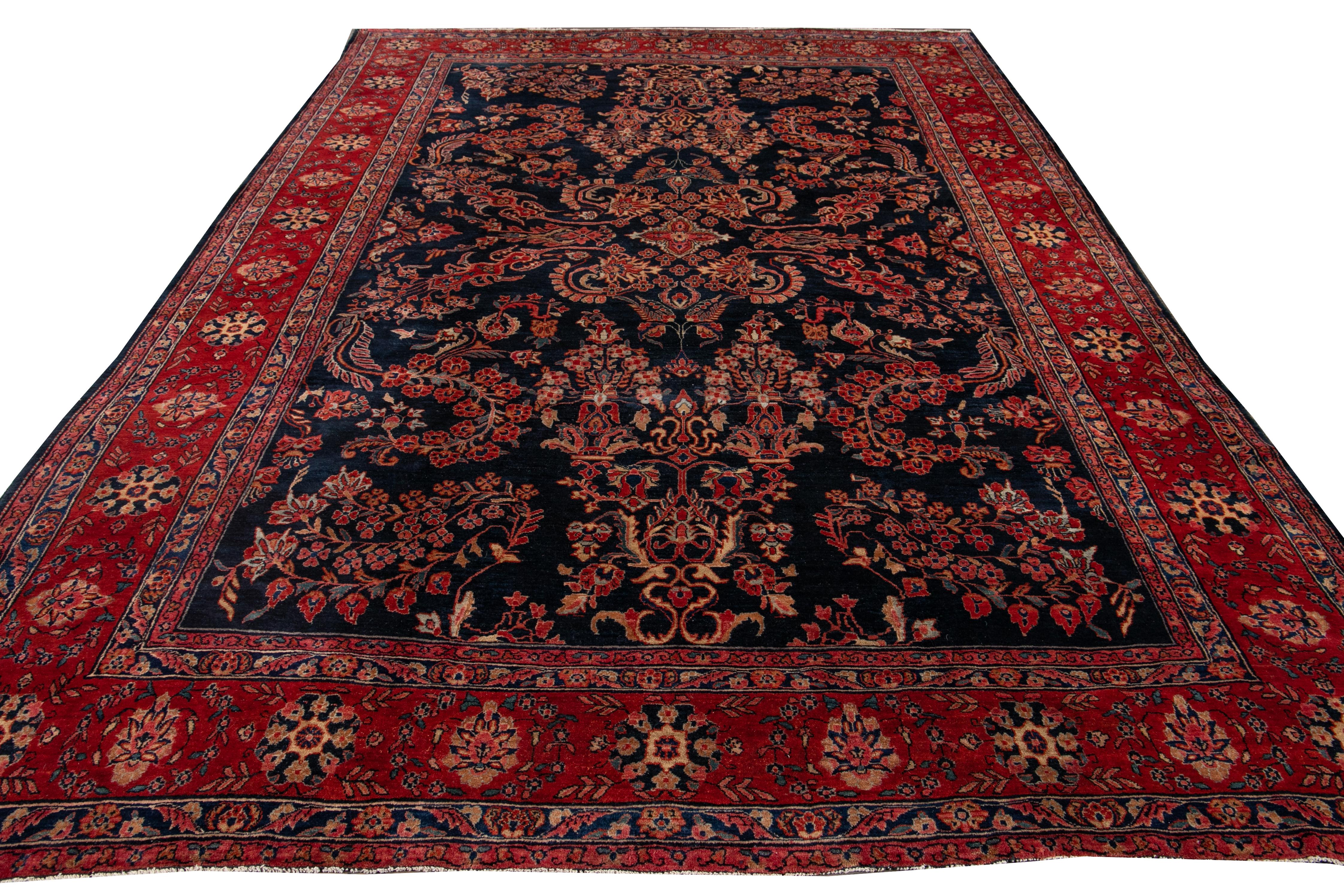 Hand-Knotted Antique Blue Sarouk Farahan Persian Handmade Wool Rug For Sale