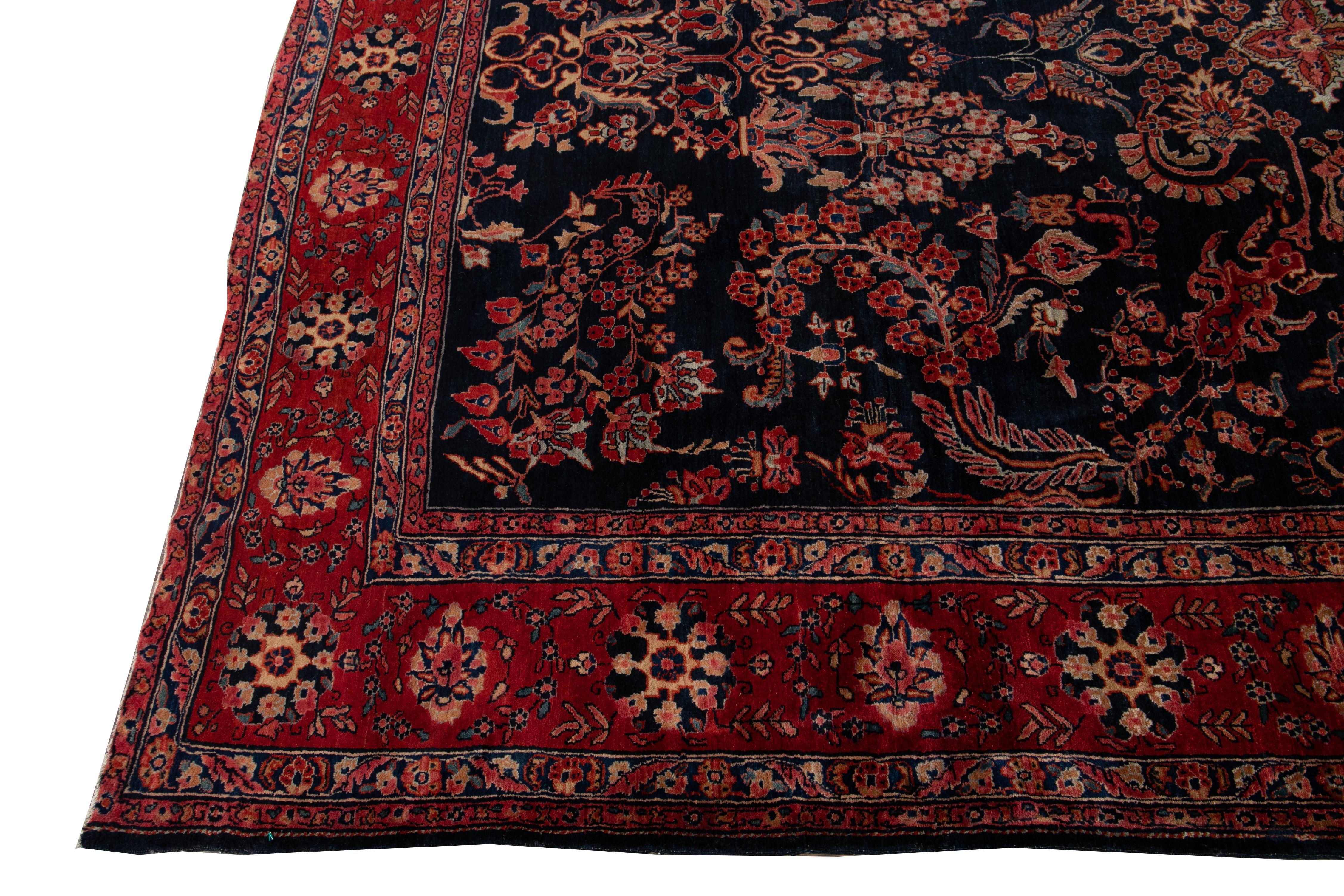 Antique Blue Sarouk Farahan Persian Handmade Wool Rug In Excellent Condition For Sale In Norwalk, CT