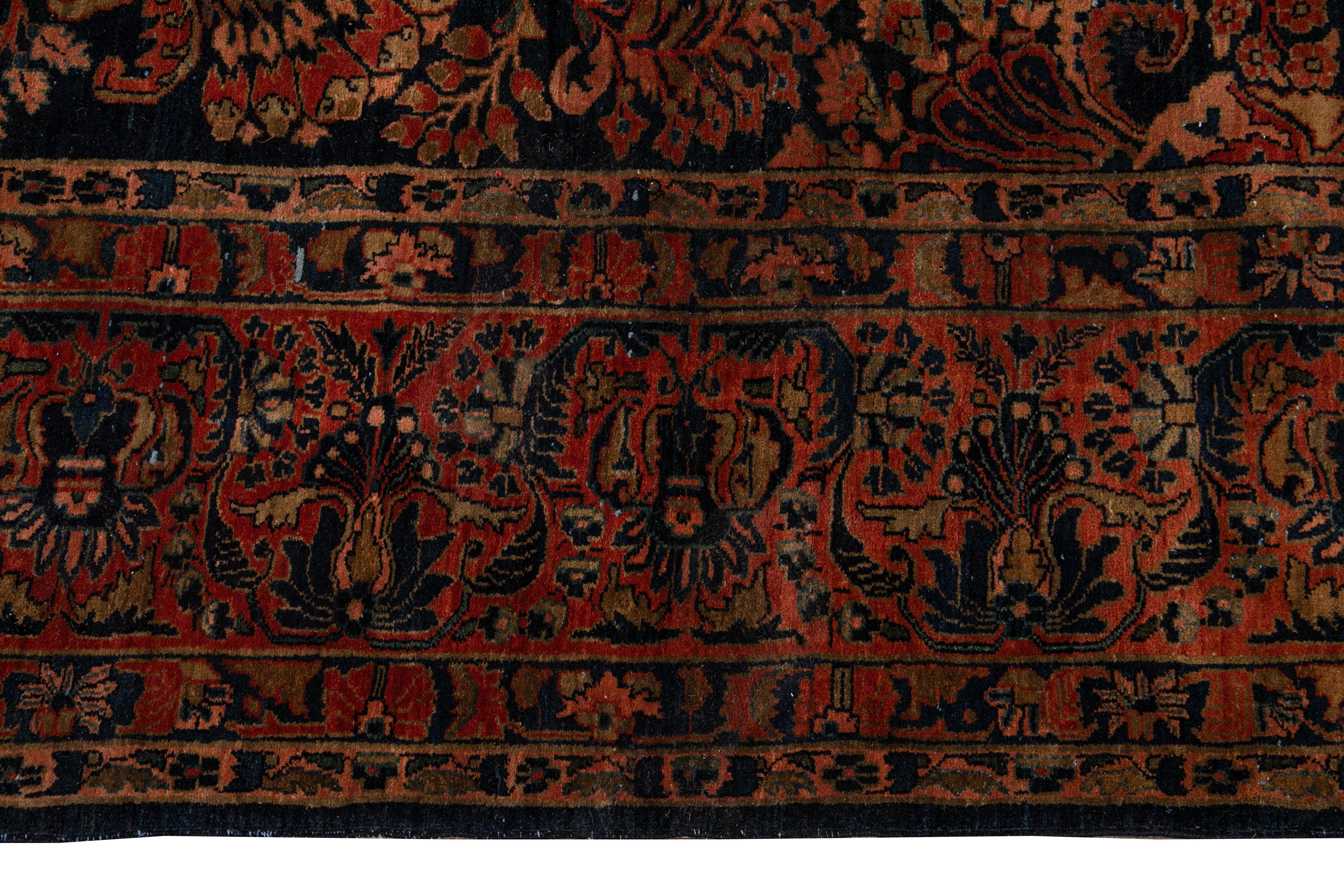 Antique Blue Sarouk Farahan Persian Handmade Wool Rug For Sale 1