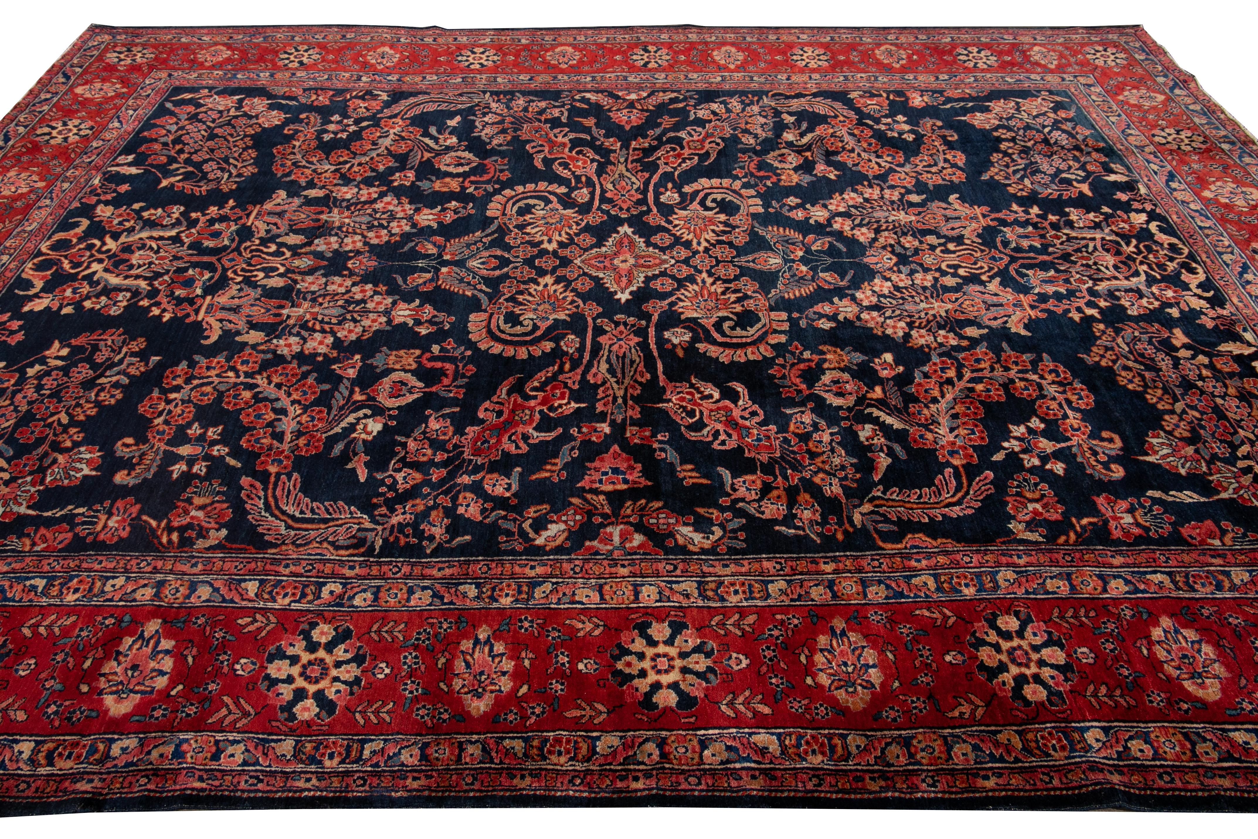 Antique Blue Sarouk Farahan Persian Handmade Wool Rug For Sale 2