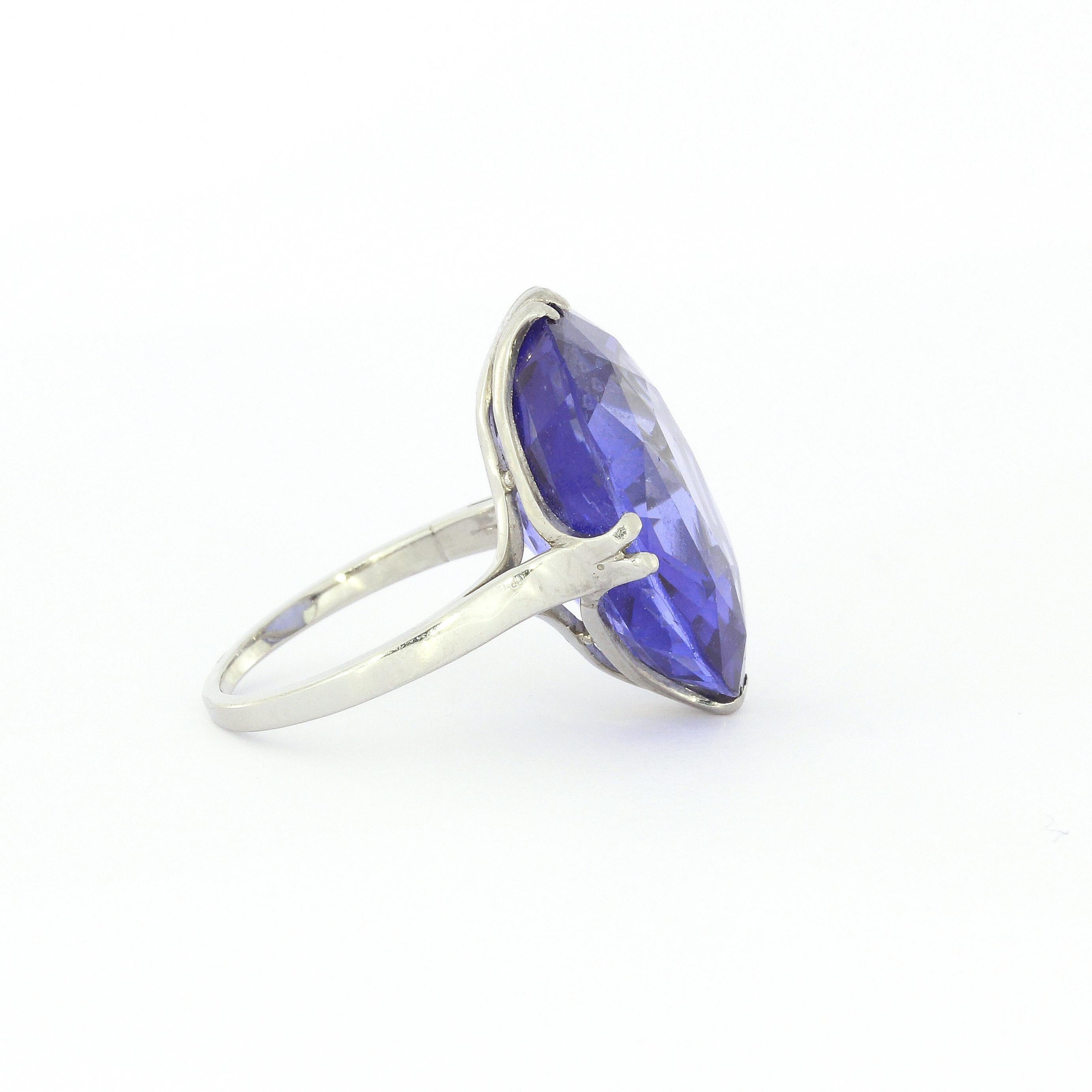 Oval Cut Antique Blue Synthetic Sapphire White Gold Cocktail Ring For Sale