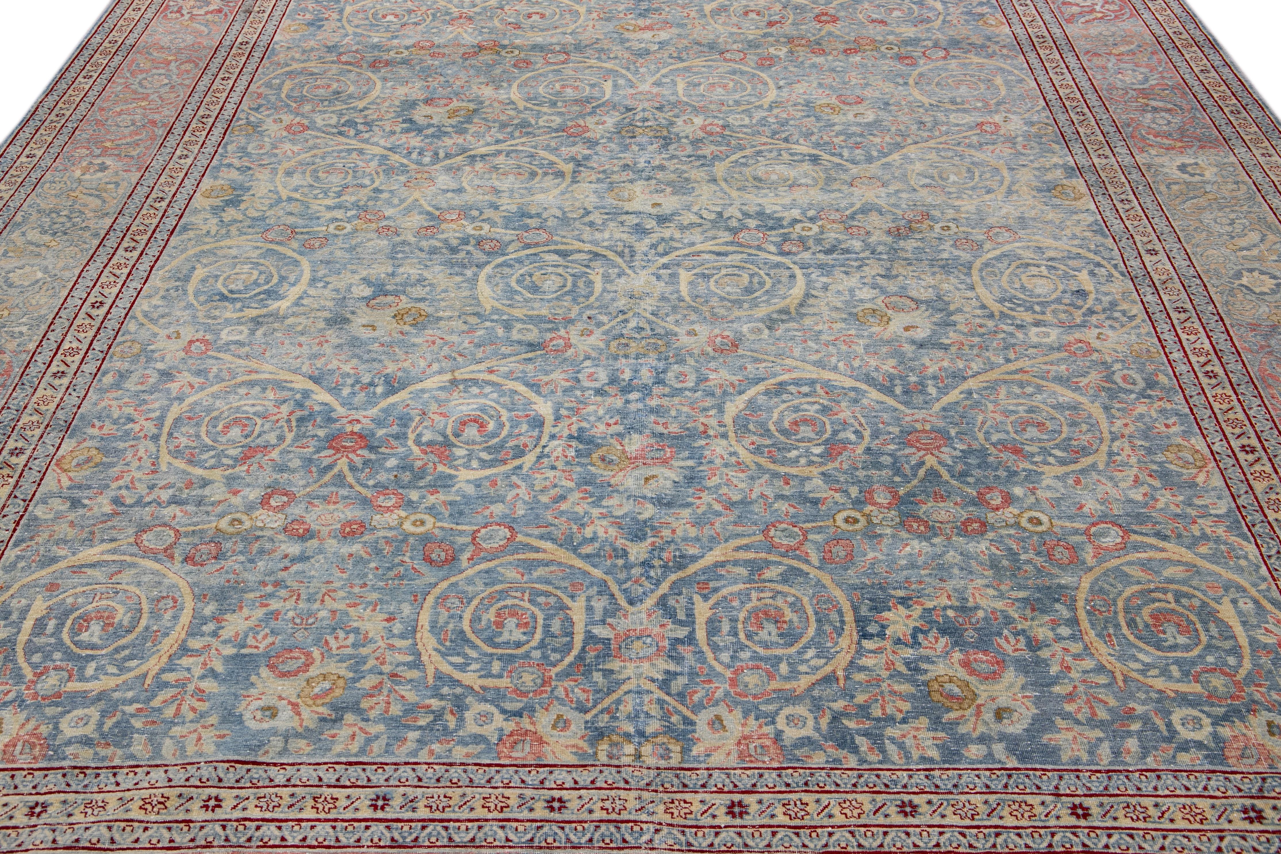 Antique Blue Tabriz Handmade Allover Designed Persian Wool Rug In Good Condition For Sale In Norwalk, CT