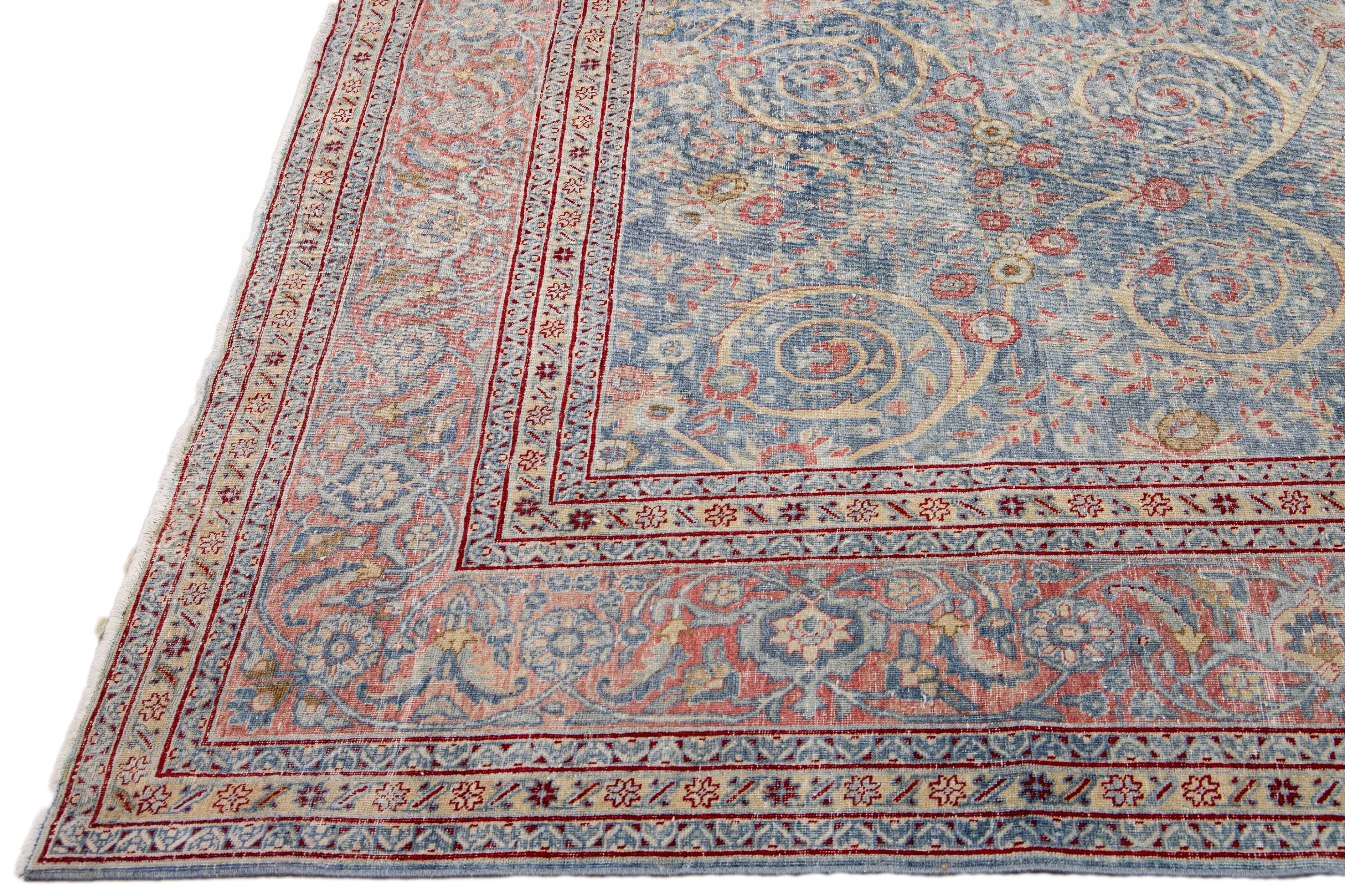 Early 20th Century Antique Blue Tabriz Handmade Allover Designed Persian Wool Rug For Sale