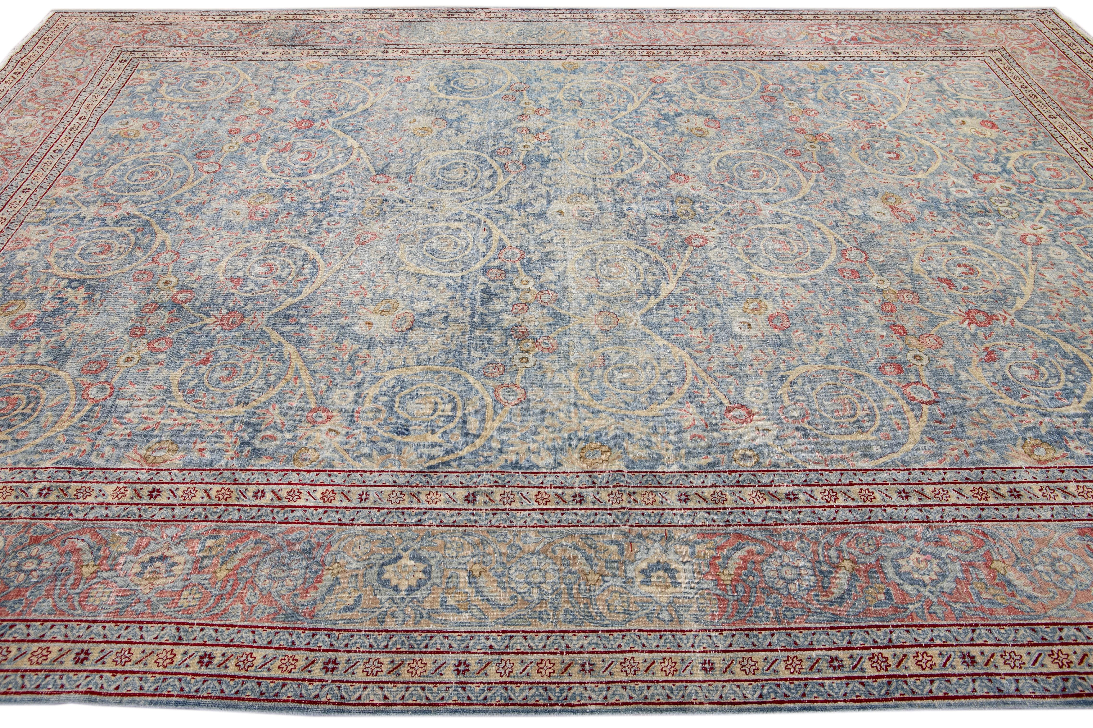 Antique Blue Tabriz Handmade Allover Designed Persian Wool Rug For Sale 2
