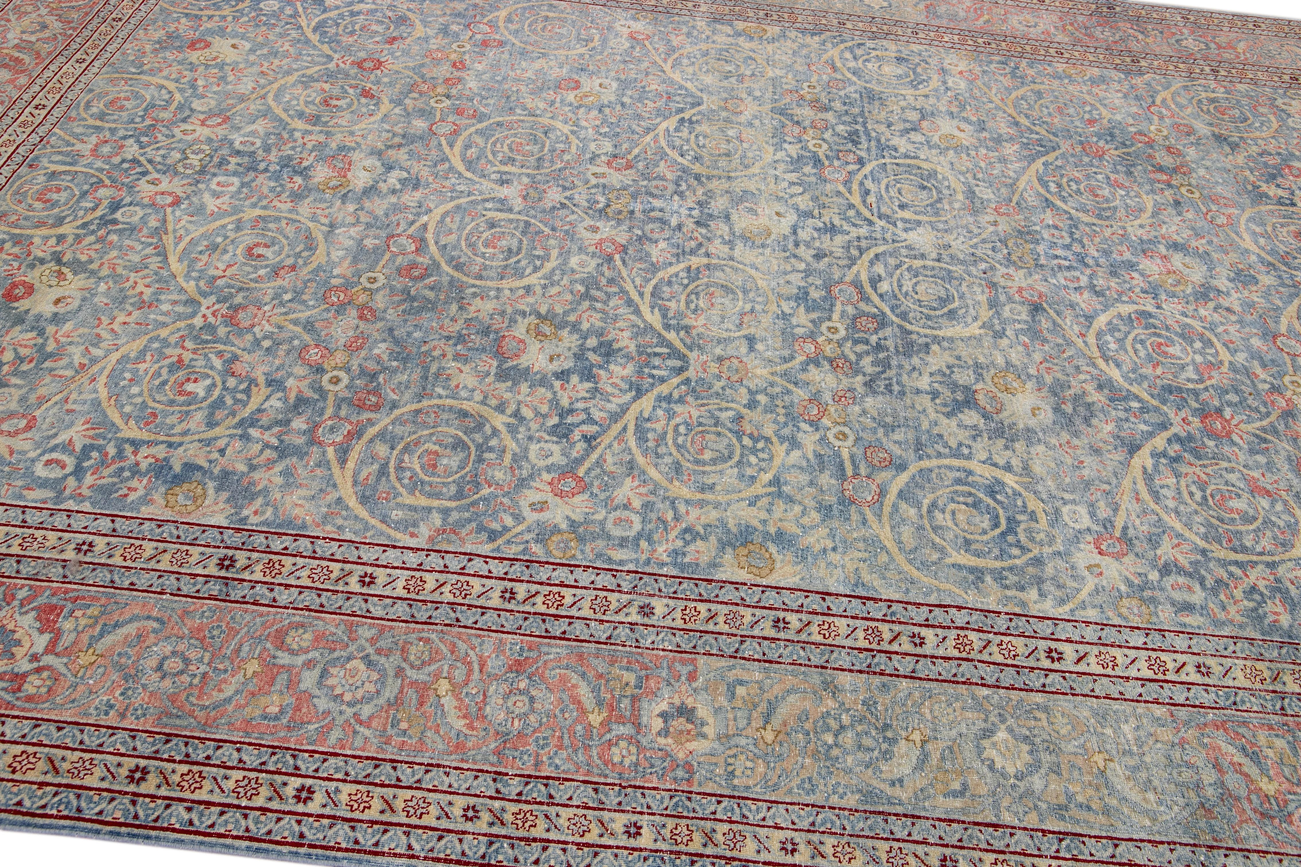 Antique Blue Tabriz Handmade Allover Designed Persian Wool Rug For Sale 3