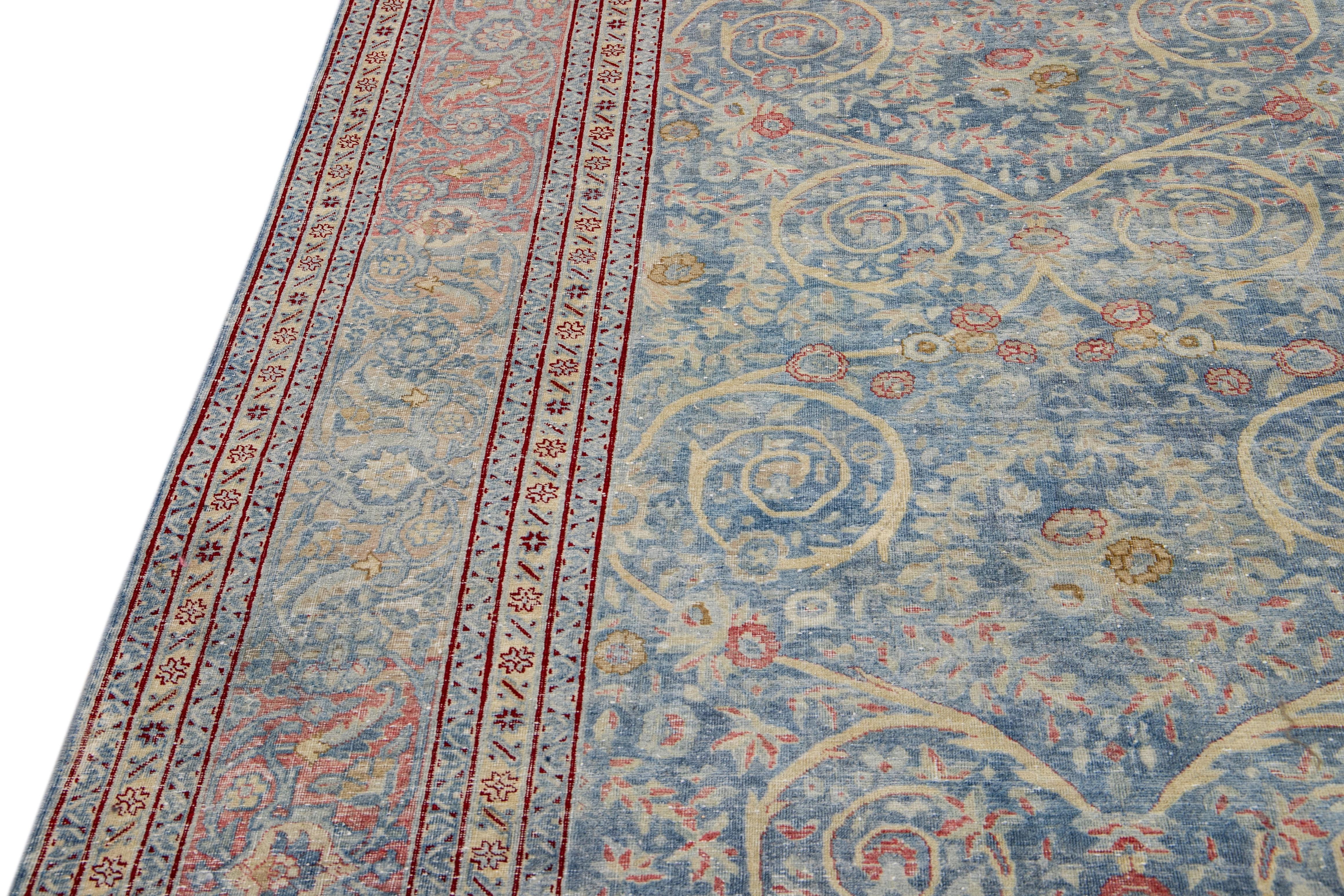 Antique Blue Tabriz Handmade Allover Designed Persian Wool Rug For Sale 4