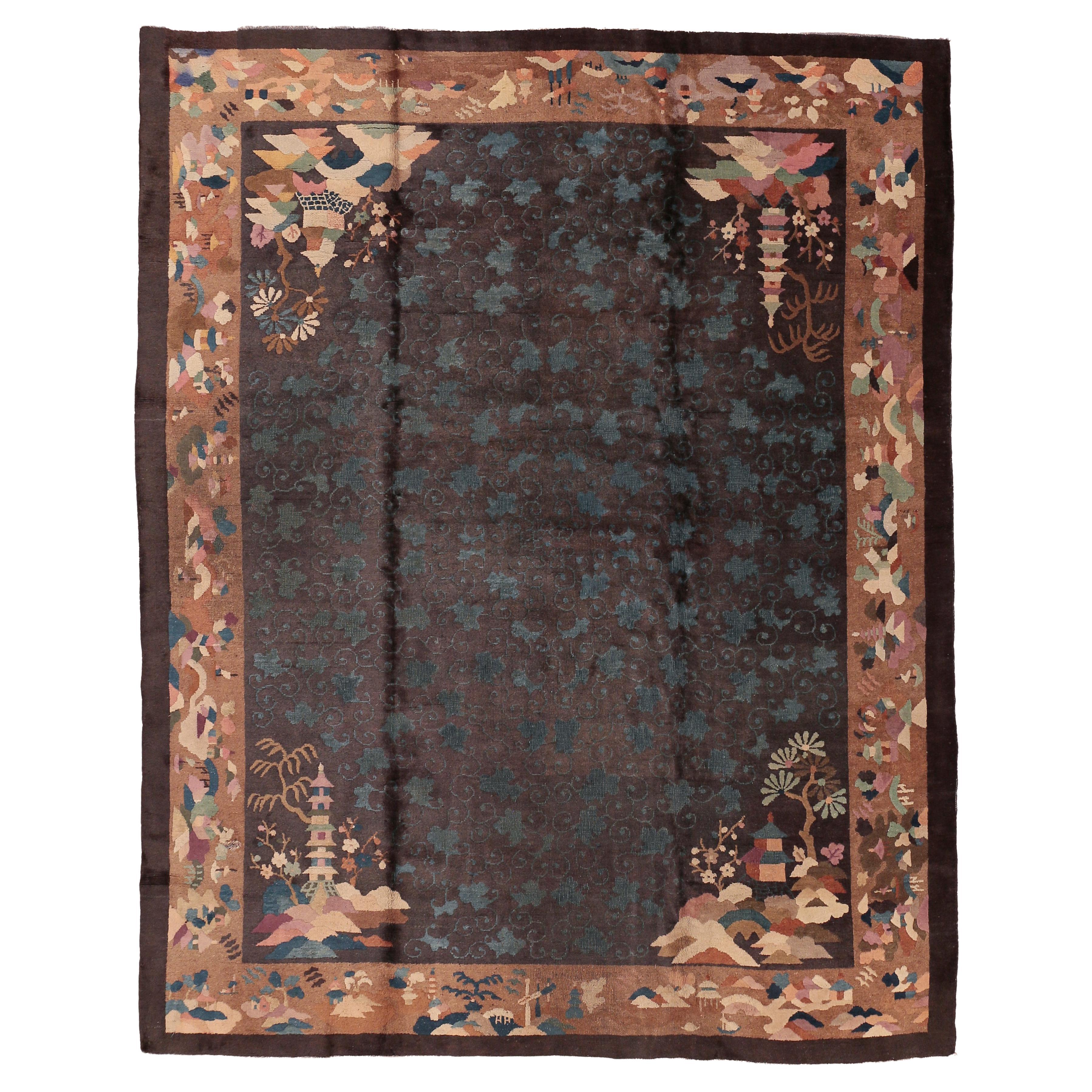 Tapis chinois antique bleu ton sur ton Art déco en vente