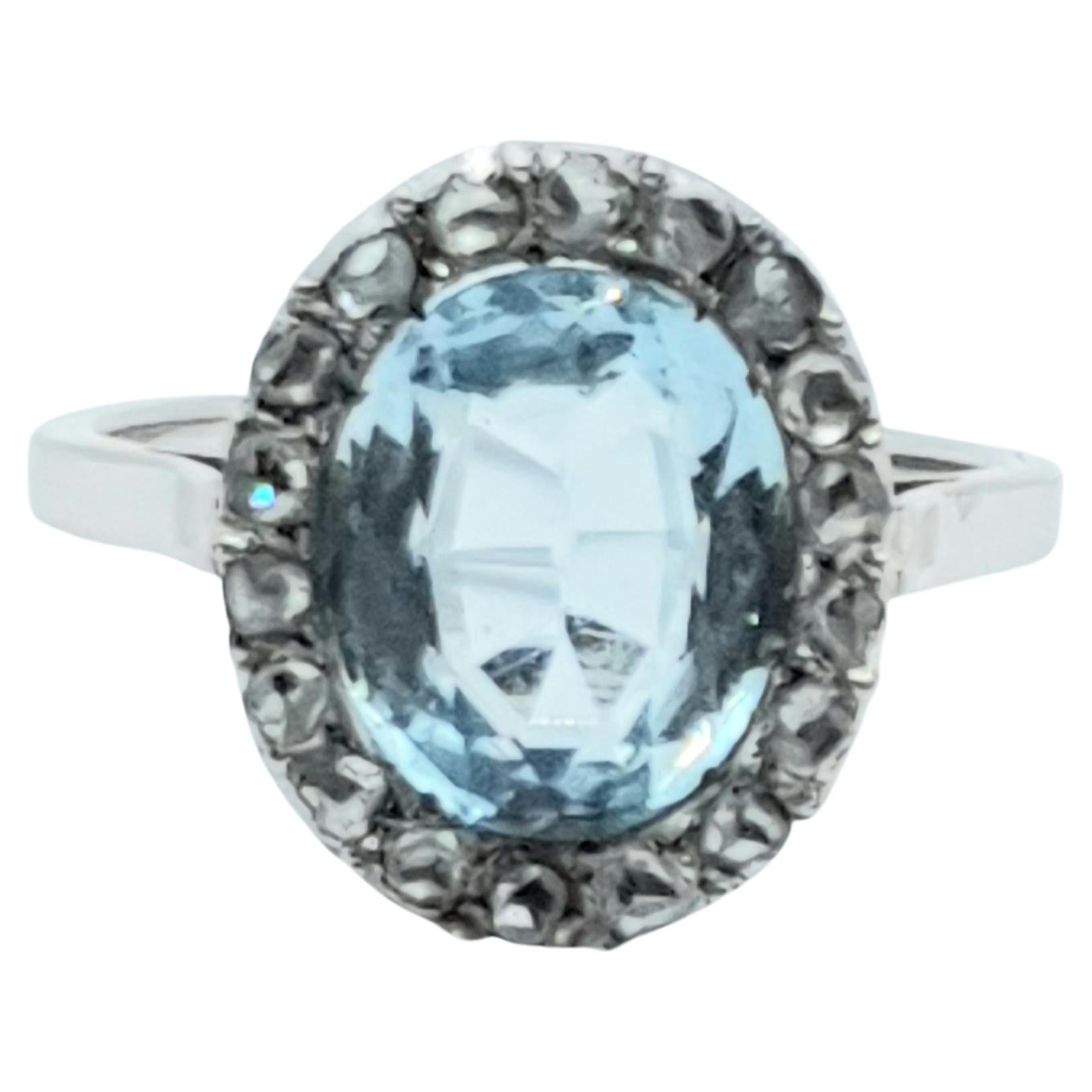 Antique Blue Topaz Diamond Gold Ring For Sale