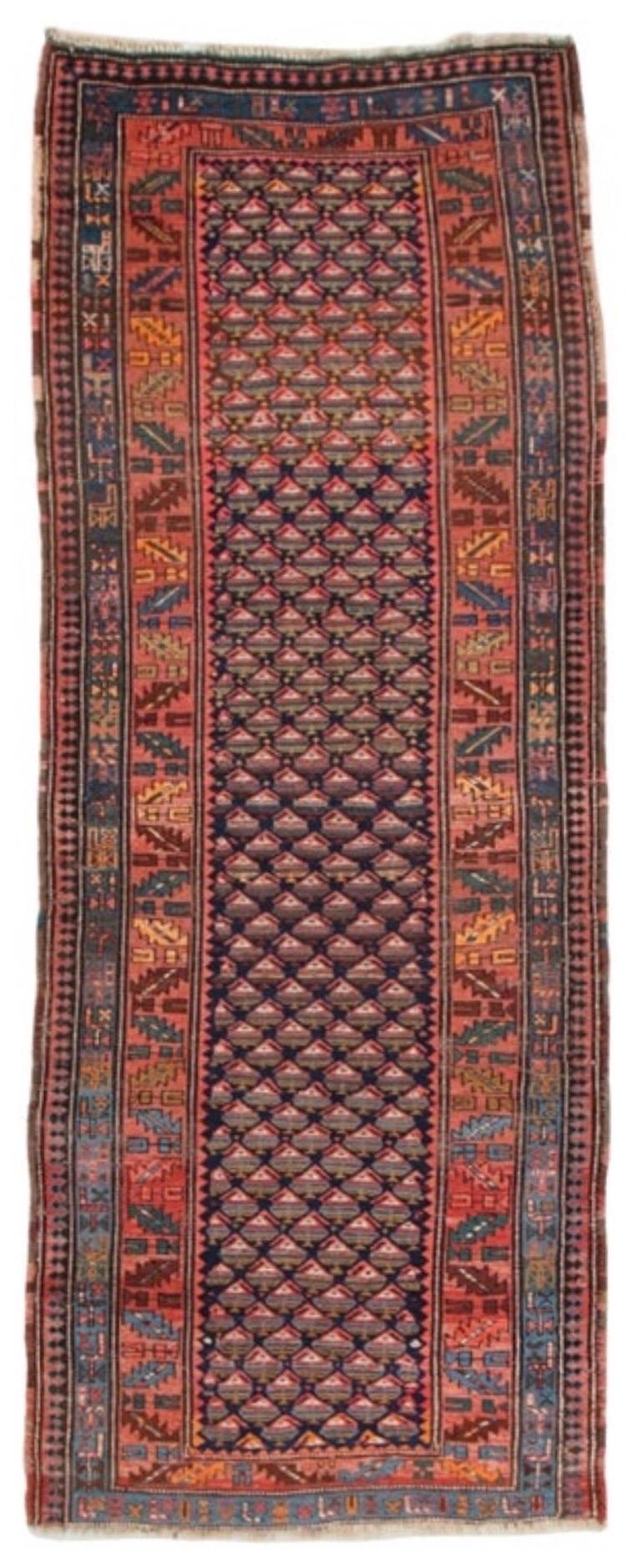 Antique Blue Tribal Geometric Persian Kurd Runner Rug c. 1900 3.10 x 10.5 ft In Good Condition For Sale In New York, NY