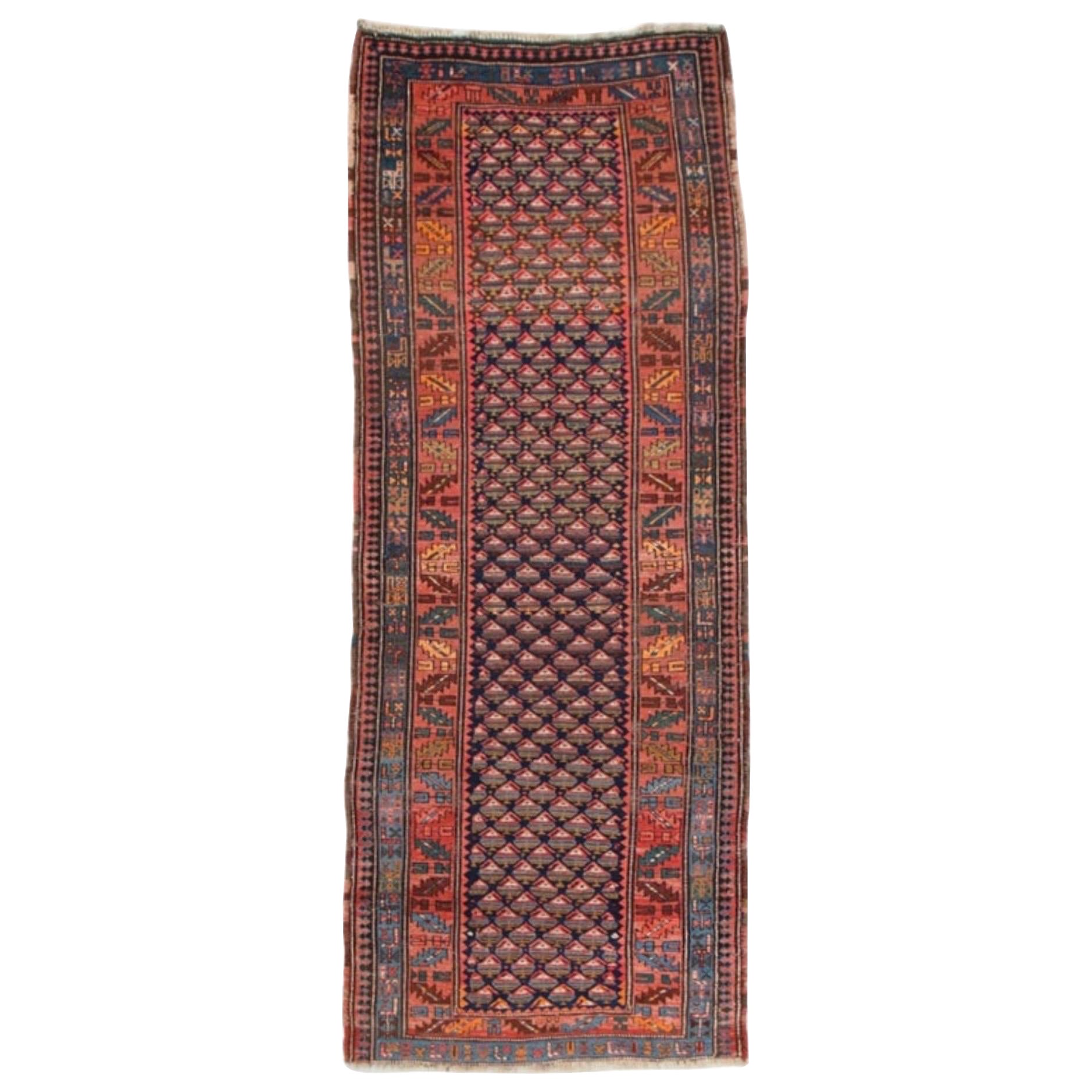 Antiker blauer geometrischer persischer Kurd-Läufer, Stammeskunst, um 1900, 3,10 x 10.5 Fuß