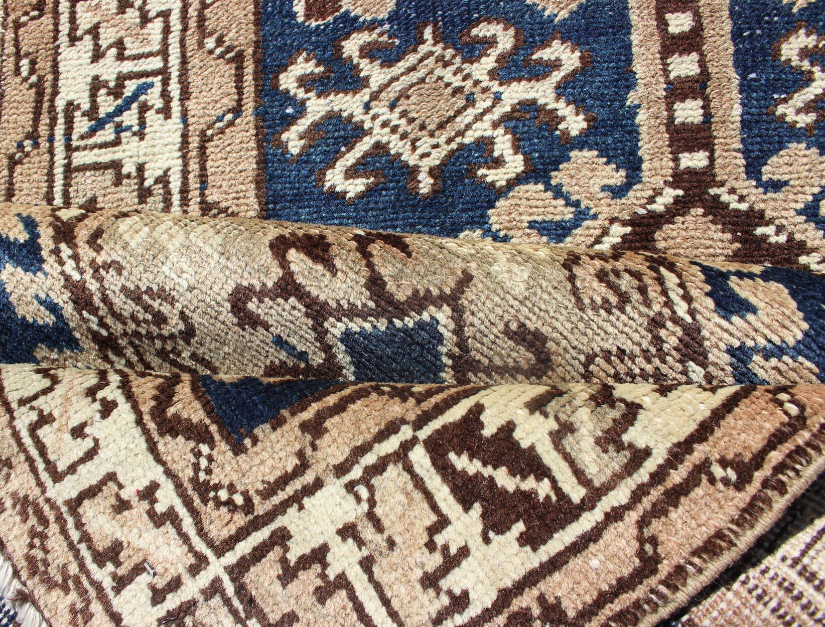 Antique Blue Tribal Karajeh Runner With Navy Blue, Brown and Earth Tones For Sale 2
