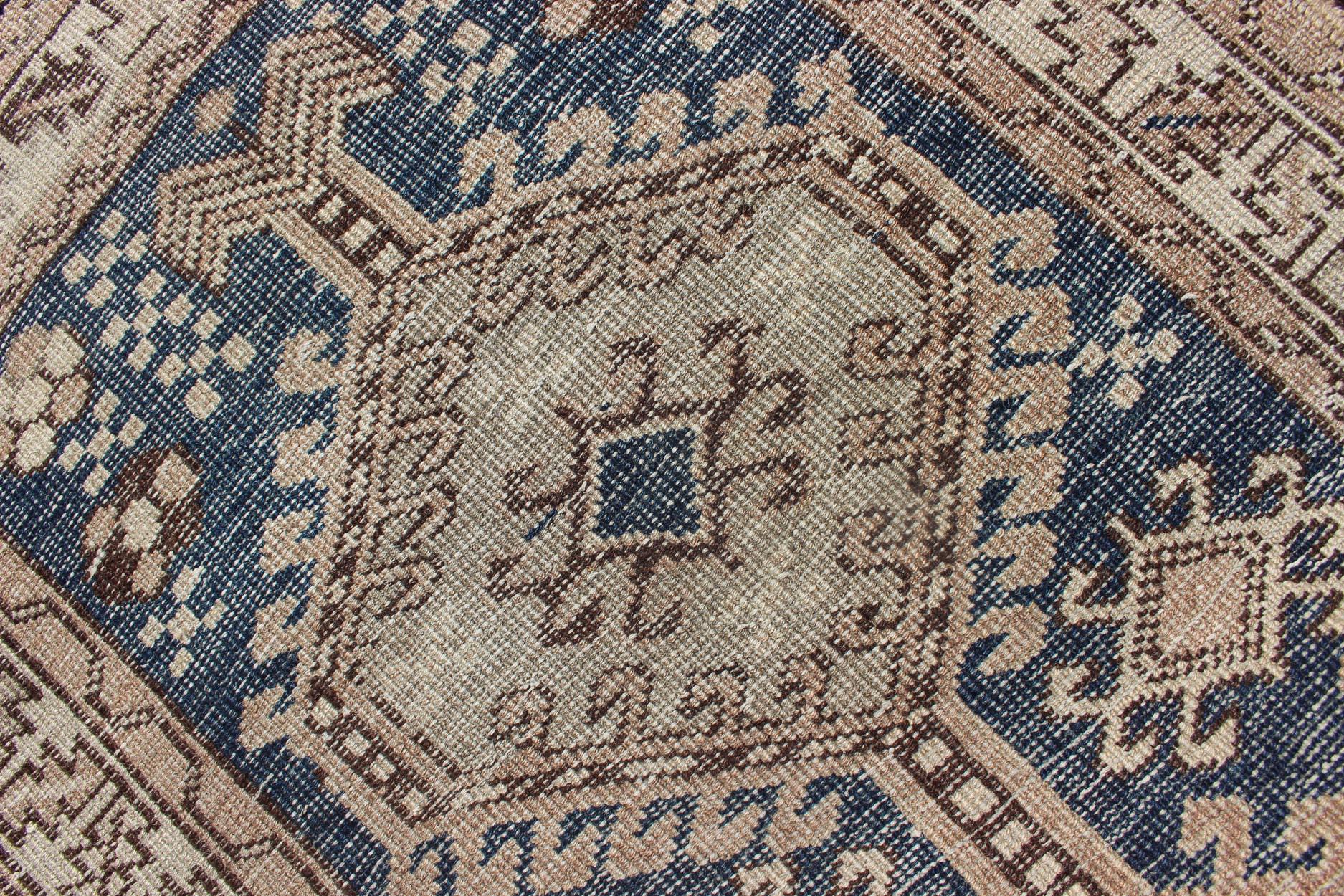 Antique Blue Tribal Karajeh Runner With Navy Blue, Brown and Earth Tones For Sale 3