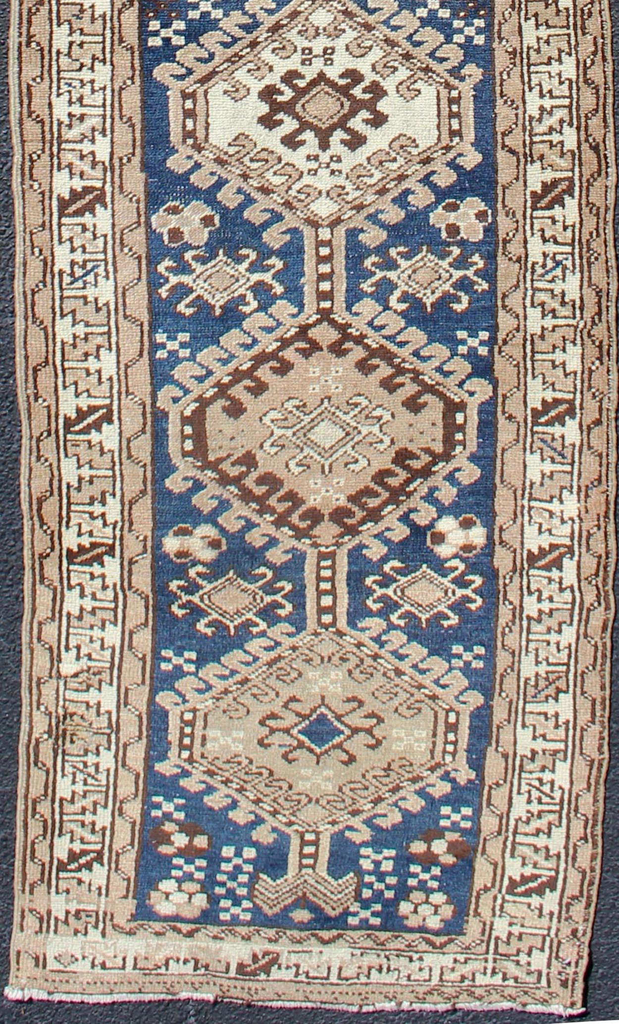 Heriz Serapi Antique Blue Tribal Karajeh Runner With Navy Blue, Brown and Earth Tones For Sale