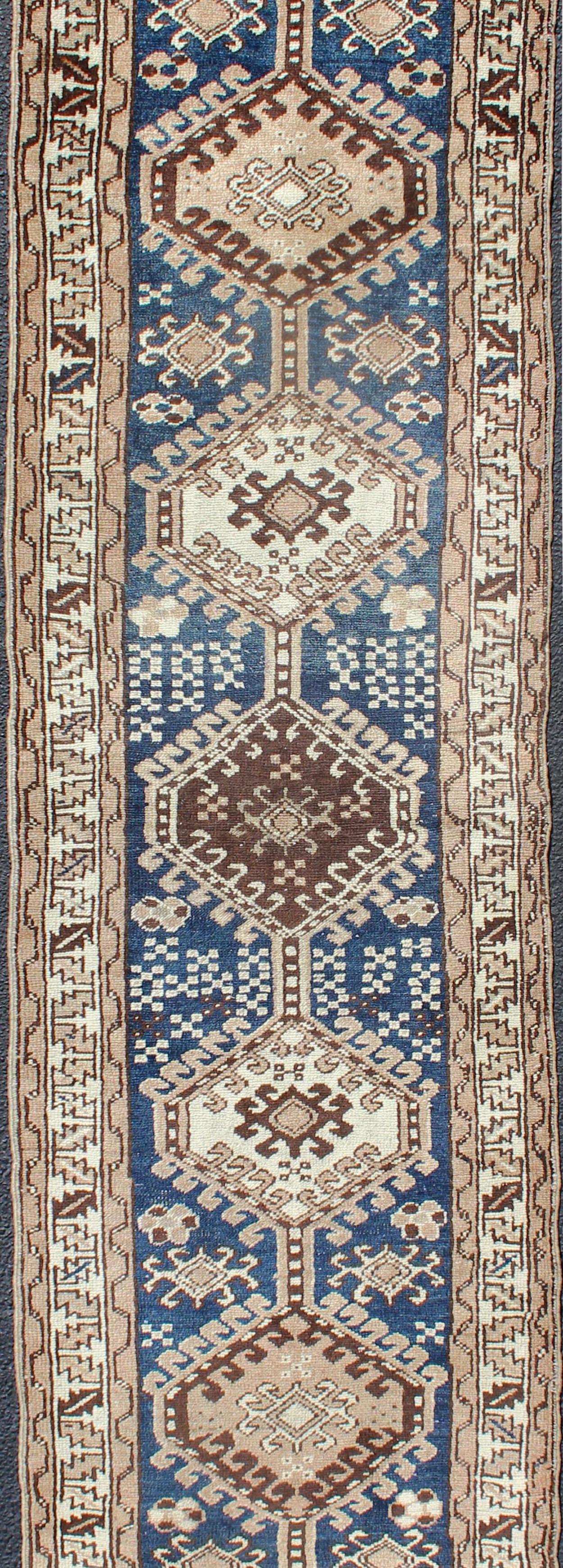 Persian Antique Blue Tribal Karajeh Runner With Navy Blue, Brown and Earth Tones For Sale