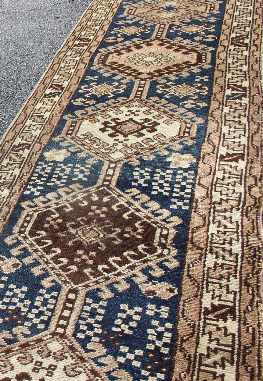 Hand-Knotted Antique Blue Tribal Karajeh Runner With Navy Blue, Brown and Earth Tones For Sale