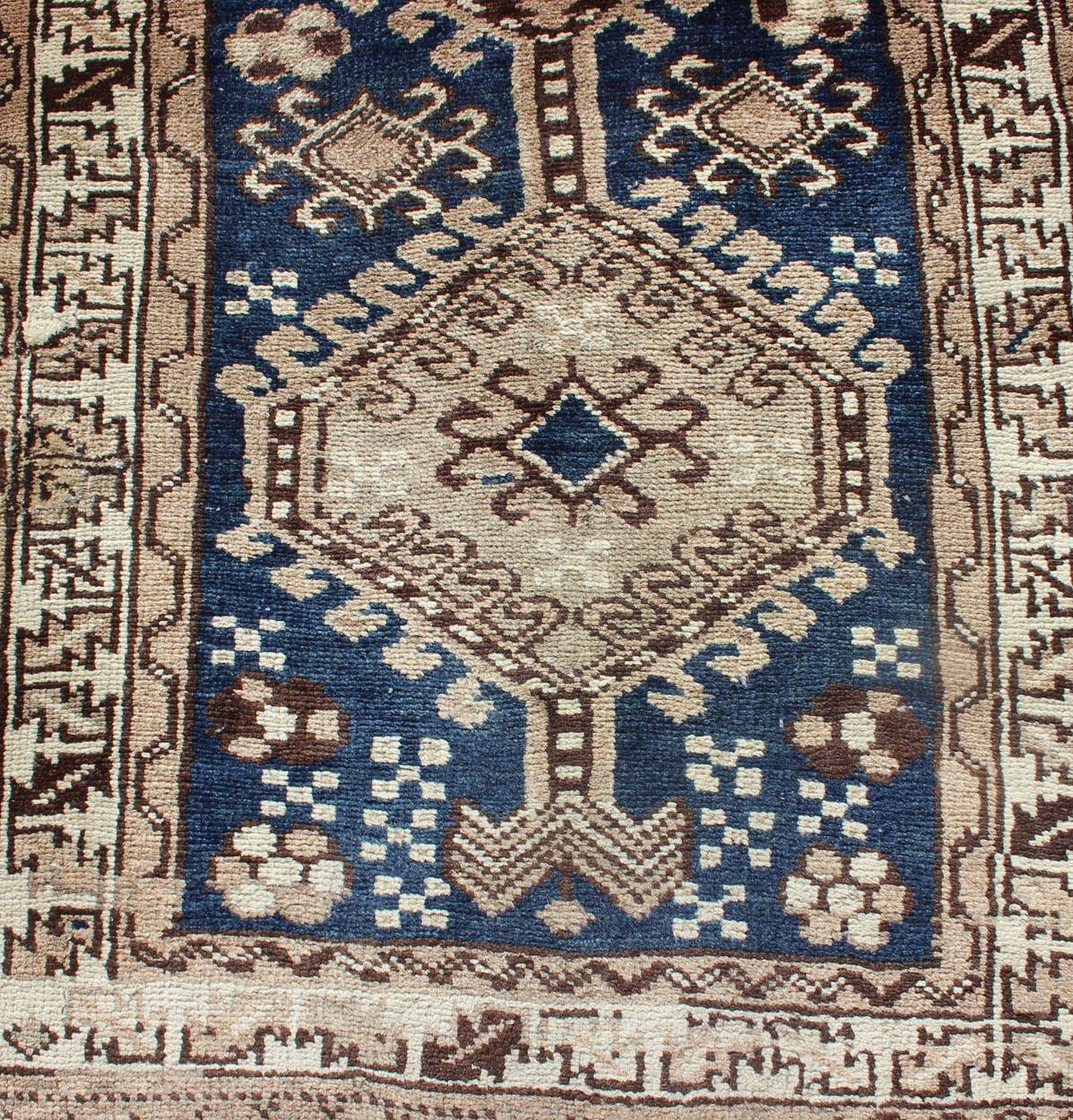 Wool Antique Blue Tribal Karajeh Runner With Navy Blue, Brown and Earth Tones For Sale