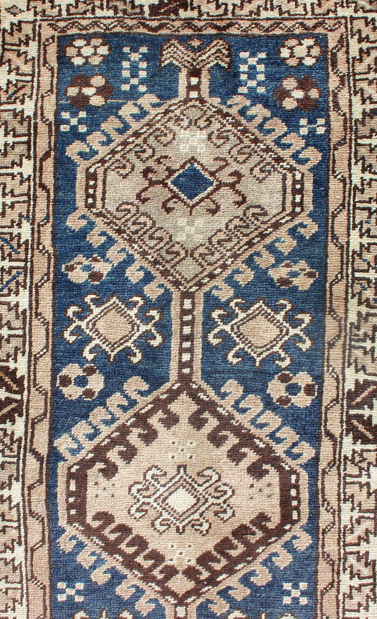 Antique Blue Tribal Karajeh Runner With Navy Blue, Brown and Earth Tones For Sale 1
