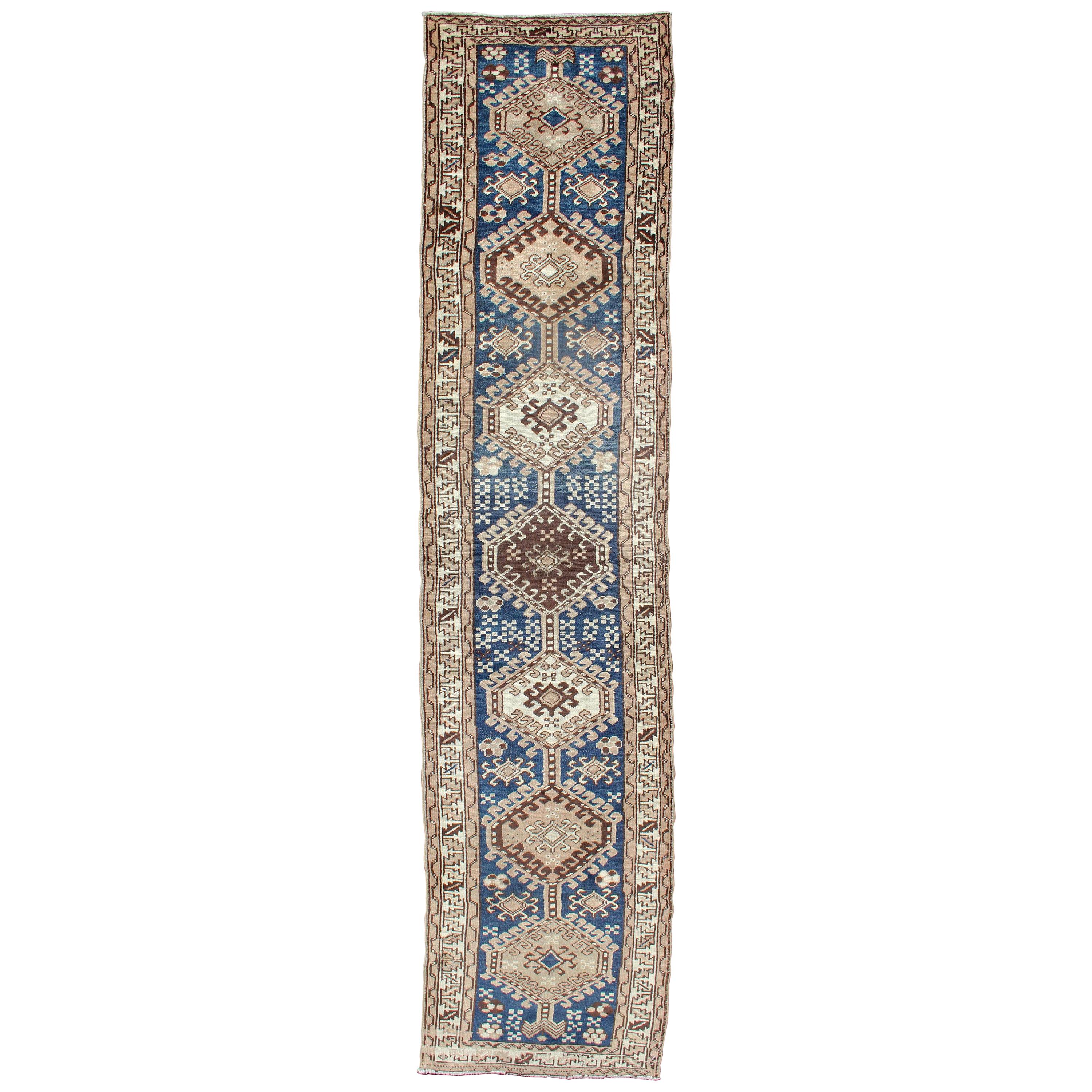 Antique Blue Tribal Karajeh Runner With Navy Blue, Brown and Earth Tones For Sale