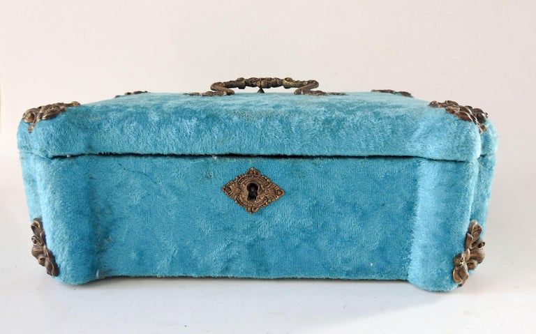 Antique Blue Velvet and Brass Jewelry Box at 1stDibs | antique velvet  jewelry box, vintage velvet jewelry box