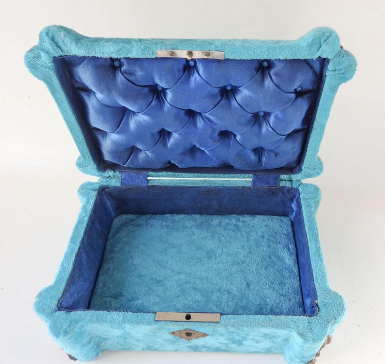 Antique Blue Velvet and Brass Jewelry Box For Sale at 1stDibs