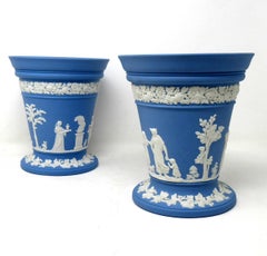 Antique Blue Wedgwood Jasper Ware Vases Urns Mythological Classical Scenes, Pair