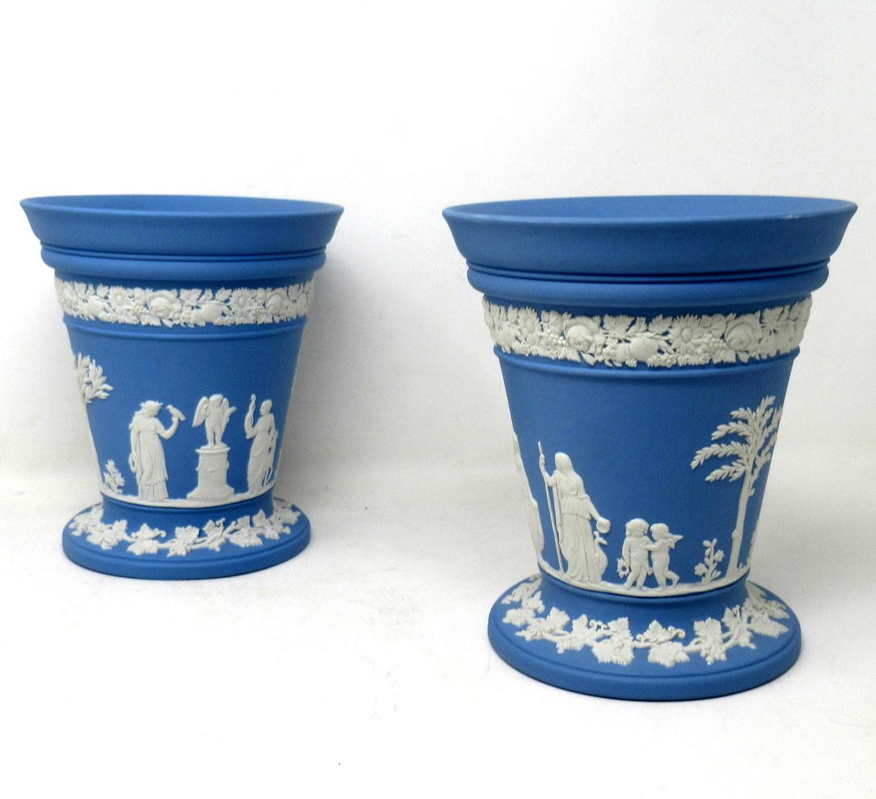 English Antique Blue Wedgwood Jasper Ware Vases Urns Mythological Classical Scenes, Pair