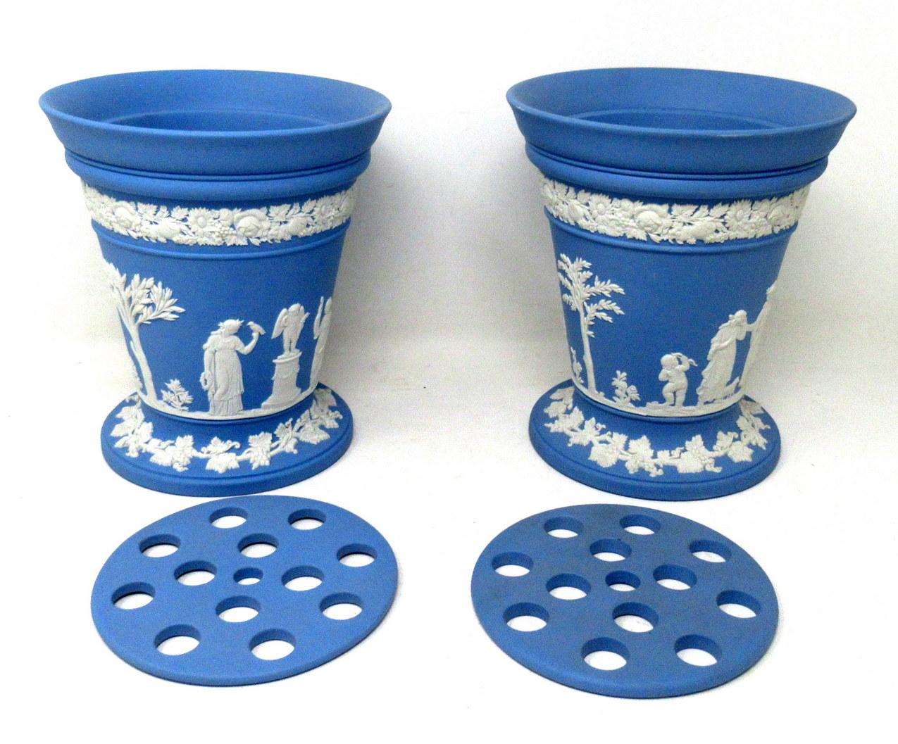 Hand-Painted Antique Blue Wedgwood Jasper Ware Vases Urns Mythological Classical Scenes, Pair