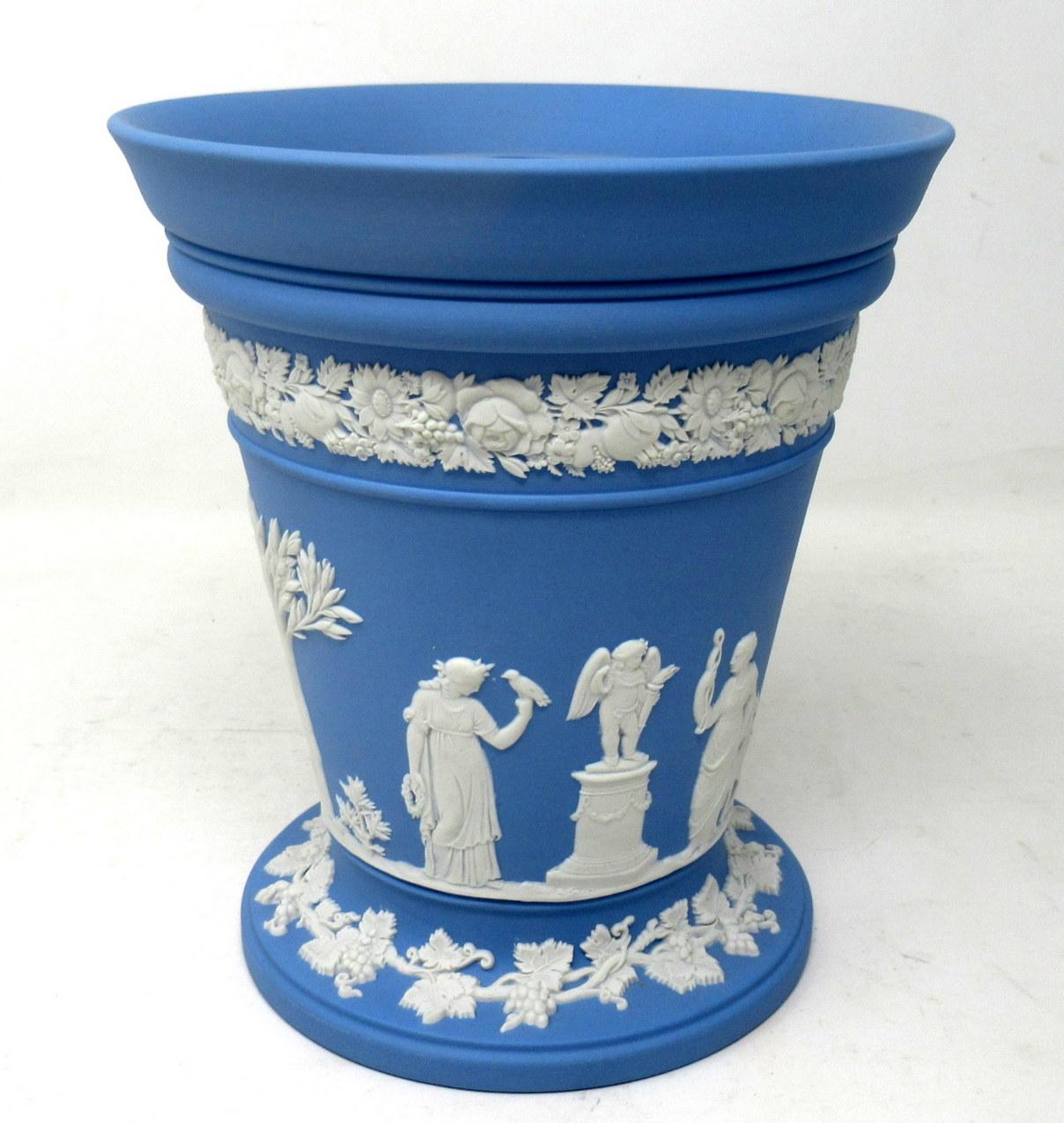 20th Century Antique Blue Wedgwood Jasper Ware Vases Urns Mythological Classical Scenes, Pair