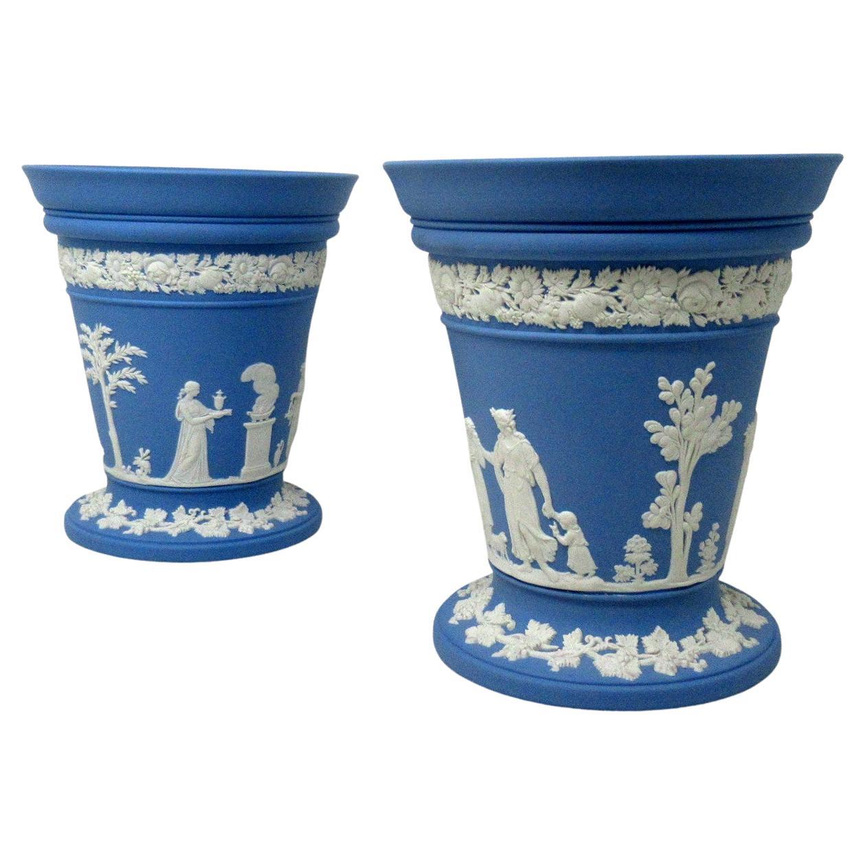 Antique Blue Wedgwood Jasper Ware Vases Urns Mythological Classical Scenes, Pair