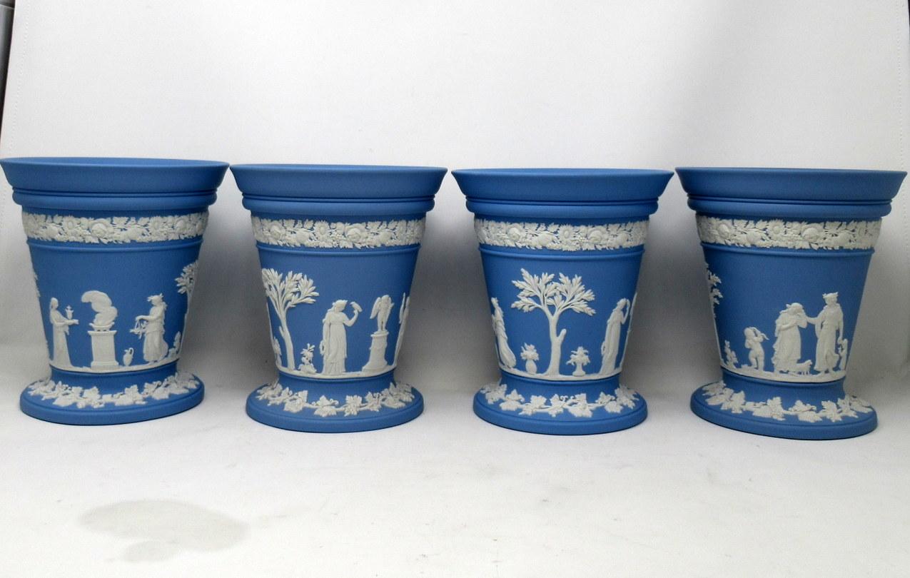 Antique Blue Wedgwood Jasper Ware Vases Urns Mythological Classical Scenes Set 4 2