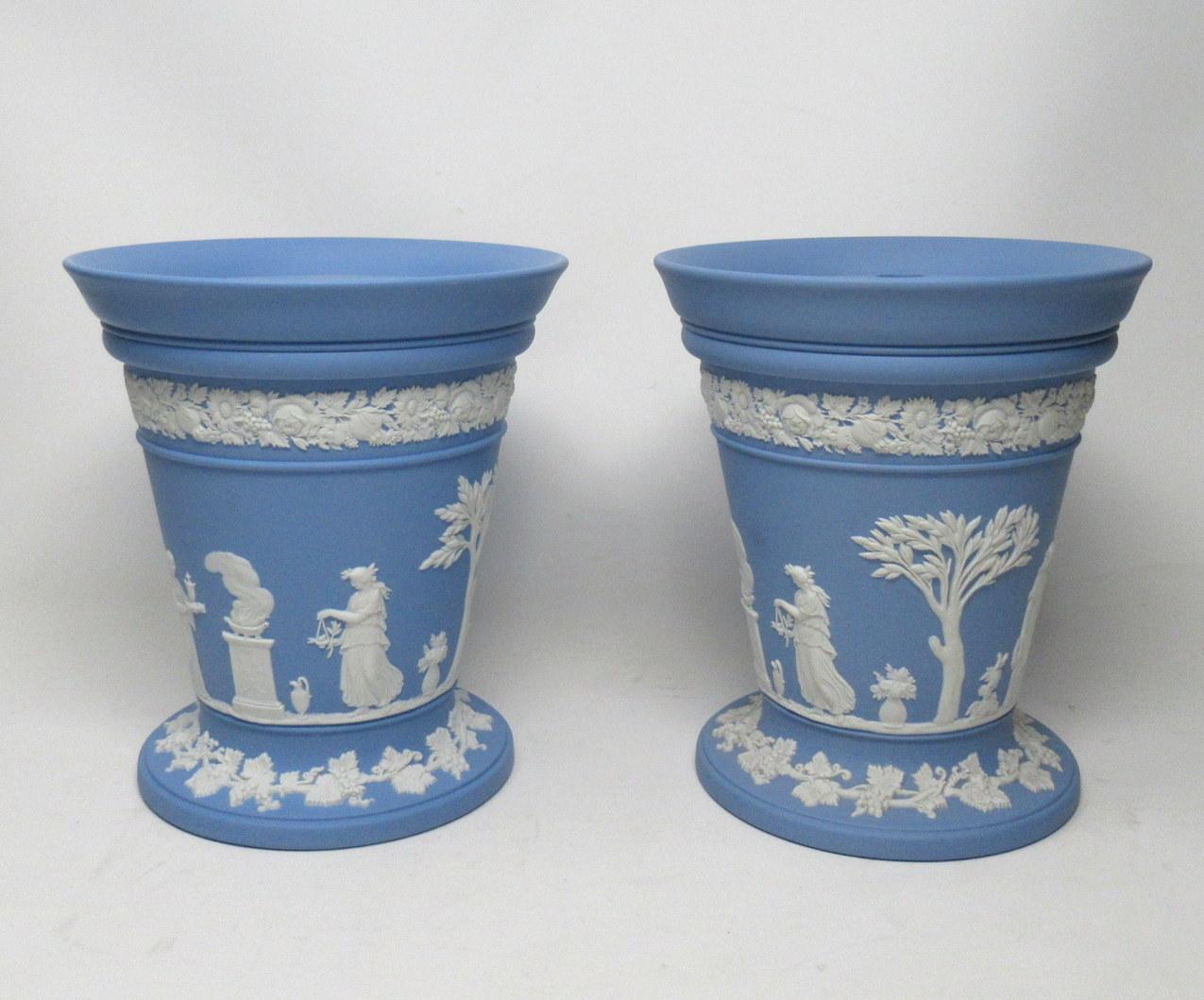 English Antique Blue Wedgwood Jasper Ware Vases Urns Mythological Classical Scenes Set 4